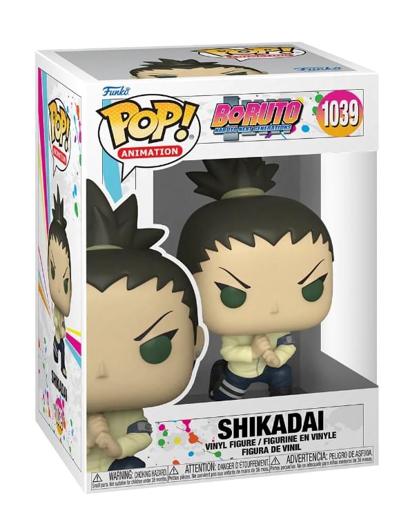 Sure, here is the corrected and grouped text from the image:

---

**Front:**
- Funko POP! Animation
- Boruto: Naruto Next Generations
- 1039
- Shikadai
- Vinyl Figure / Figurine en Vinyle / Figura de Vinil

**Warnings:**
- WARNING: CHOKING HAZARD. Small parts. Not for children under 3 years.
- ATTENTION: DANGER D'ÉTOUFFEMENT. Petites pièces. Ne convient pas aux enfants de moins de 3 ans.
- ADVERTENCIA: PEORO DE ASFIXIA. No es adecuado para menores de 3 años.

**Side:**
- Shikadai

---