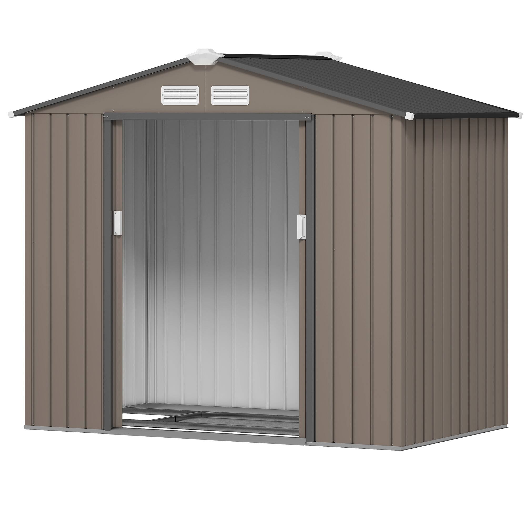 Left. TinyHomie - Brown 83.75in L x 51.25in W x 72.75in H Outdoor Storage Shed Garden Tool House for Backyard Patio.