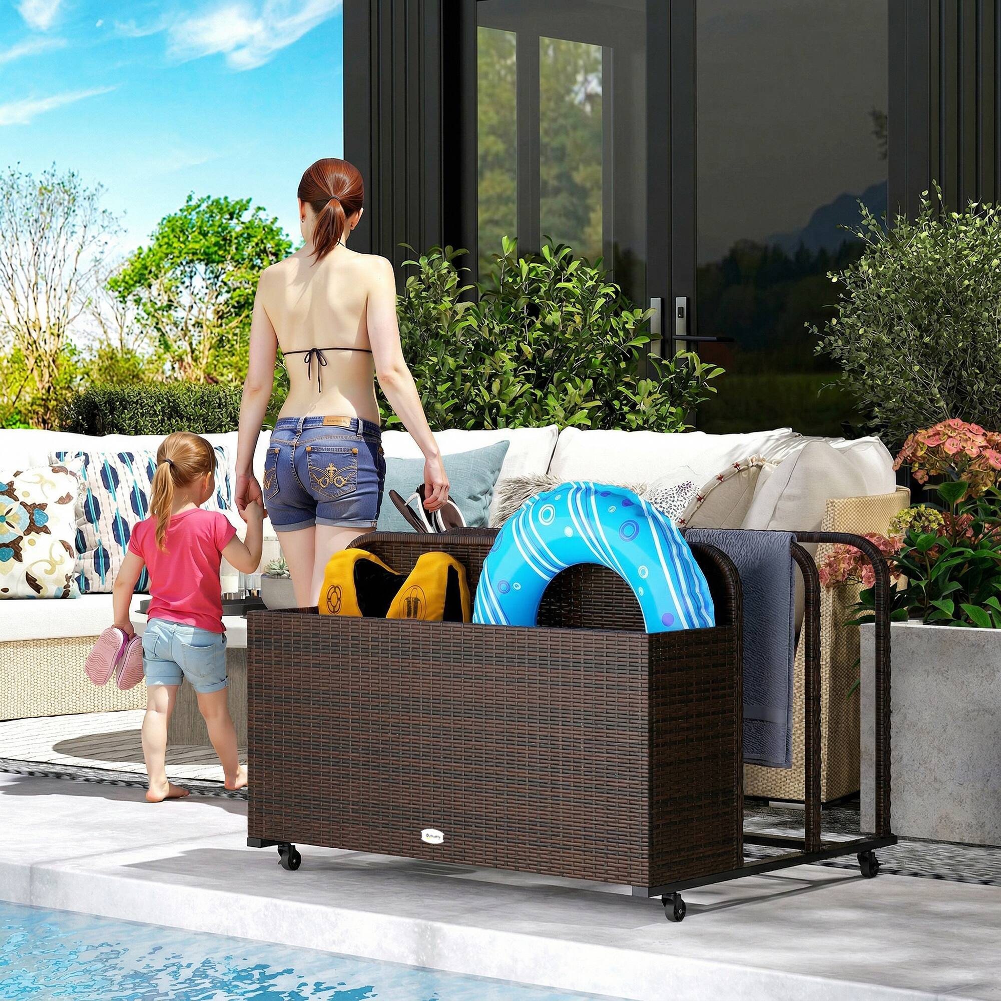 Alt View 1. Outsunny - Rattan Pool Float Storage Organizer with Wheels - Mixed Brown.