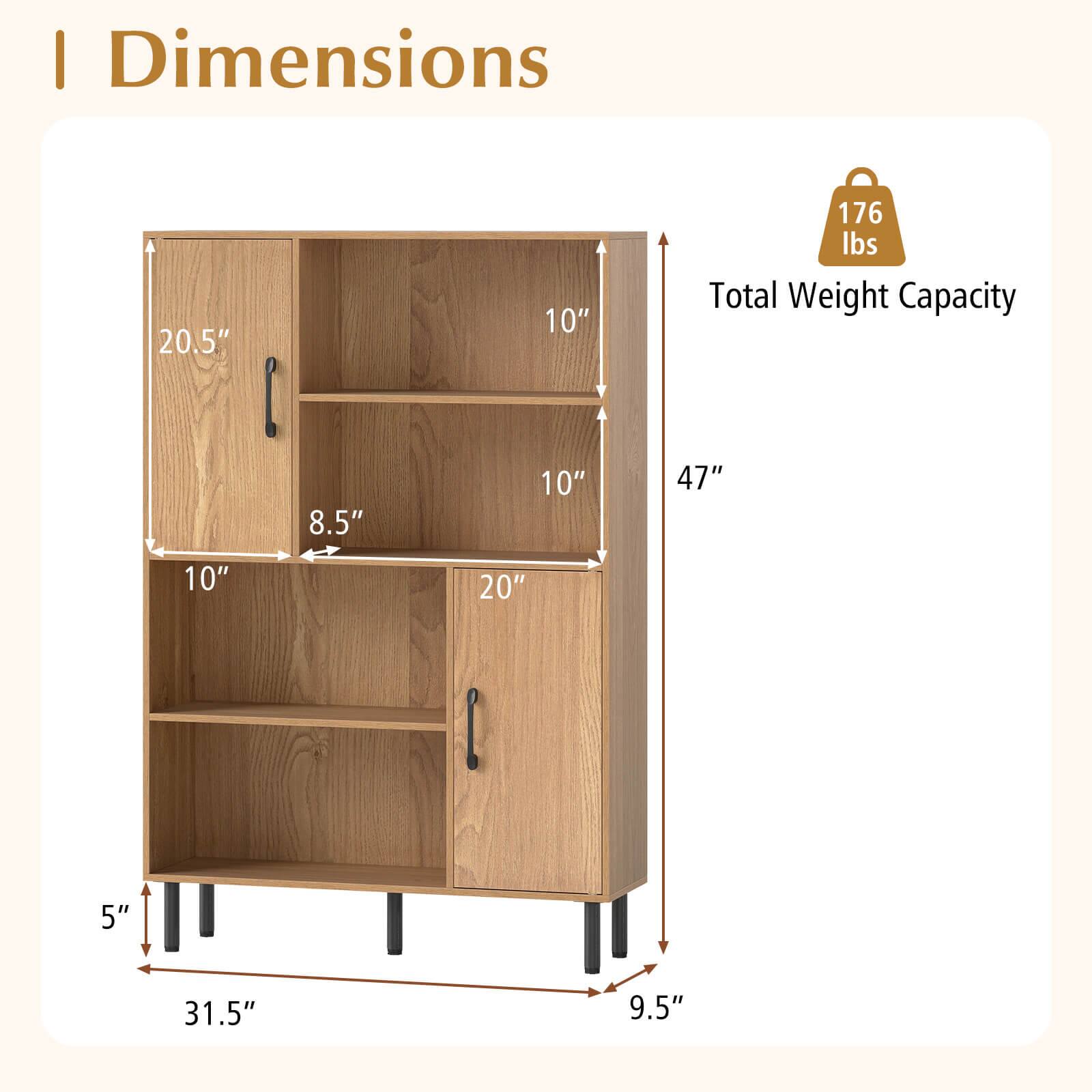 Dimensions:  
- Height: 47"  
- Width: 20.5"  
- Depth: 10"  
- Shelf Depth: 10"  
- Shelf Height: 8.5"  
- Bottom Shelf Height: 5"  
- Bottom Shelf Depth: 31.5"  
- Bottom Shelf Width: 20"  
- Bottom Shelf Height: 9.5"  

Total Weight Capacity: 176 lbs