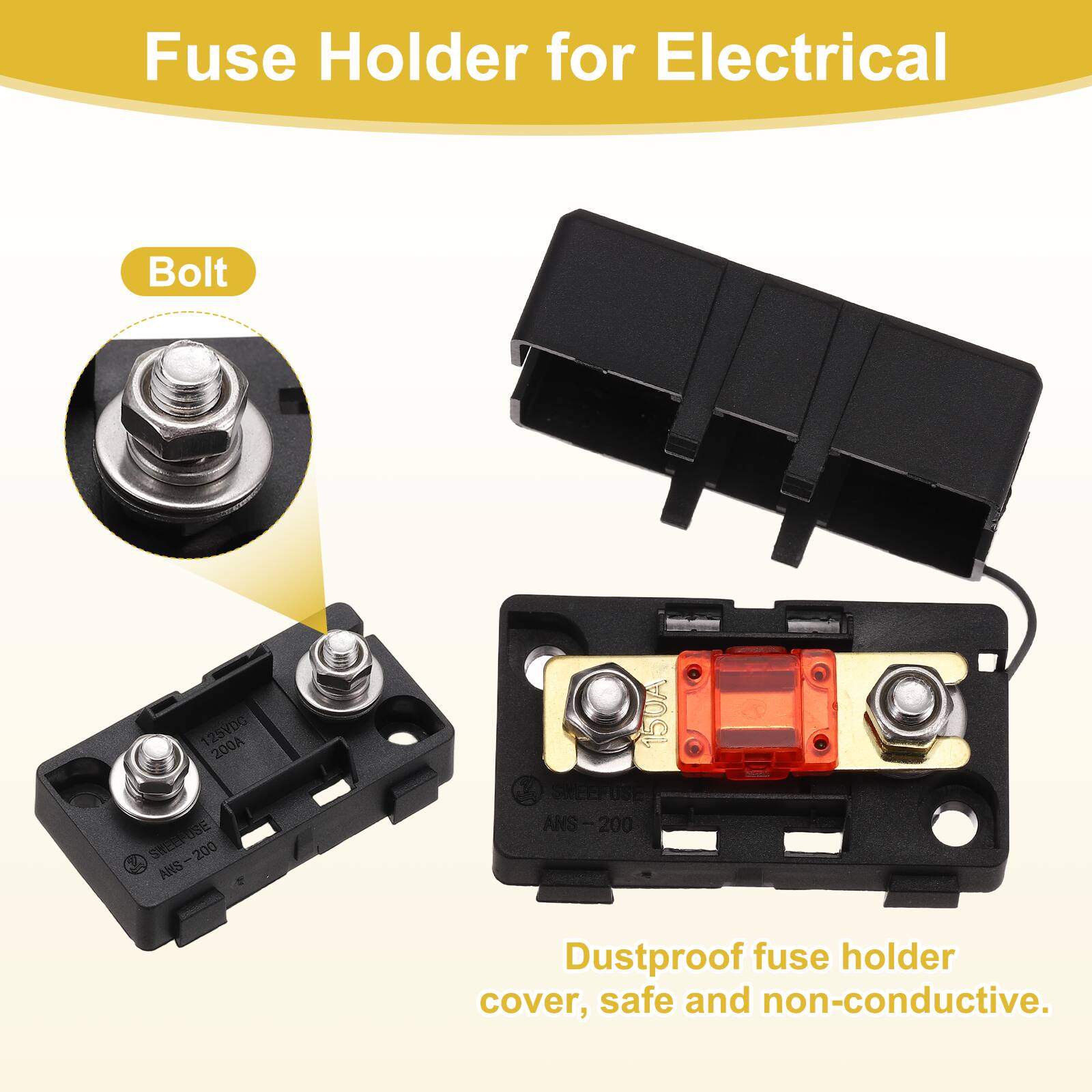 Fuse Holder for Electrical Bolt 125VDG 200A STEEPUSE 8E ANS-200 200 ANS 150A SKEEPUSE ANS-200 200 Dustproof fuse holder cover, safe and non-conductive.