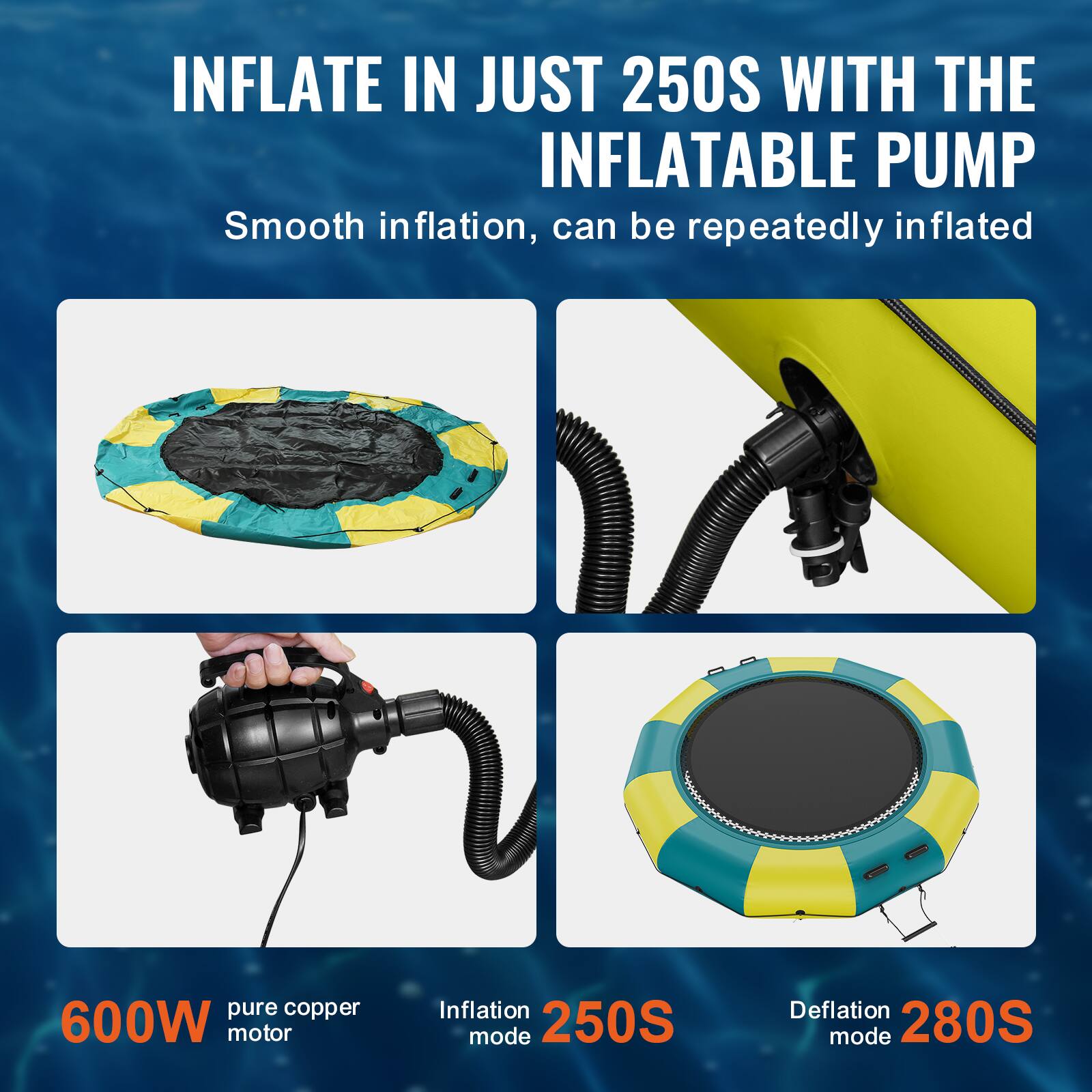 INFLATE IN JUST 250S WITH THE INFLATABLE PUMP. Smooth inflation, can be repeatedly inflated. Pure copper 600W motor. Inflation mode: 250S. Deflation mode: 280S.