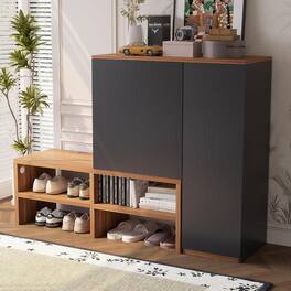 Luck ldea - Shoe Storage Cabinet with Shoe Bench, 2-Door Shoe Organizer with Open Shelves, Wood Entryway Shoe Rack for Hallway - Black
