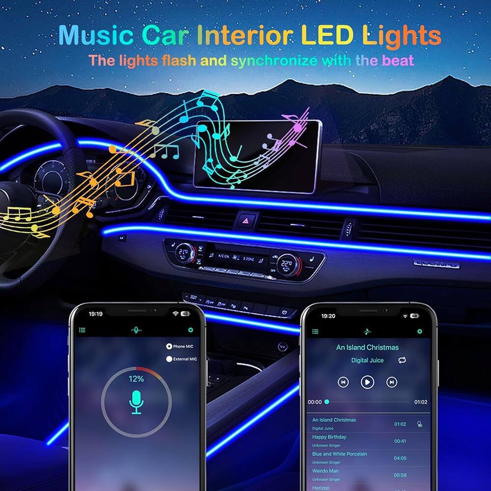 Music Car Interior LED Lights  
The lights flash and synchronize with the beat  

19:19  
Phone MIC  
External MIC  
12%  

19:20  
An Island Christmas  
Digital Juice  
00:00 / 01:02  

An Island Christmas  
Digital Juice  
Happy Birthday  
Unknown Singer  
Blue and White Porcelain  
Unknown Singer  
Weirdo Man  
Unknown Singer  
Horizon  
00:41 / 04:05 / 00:58