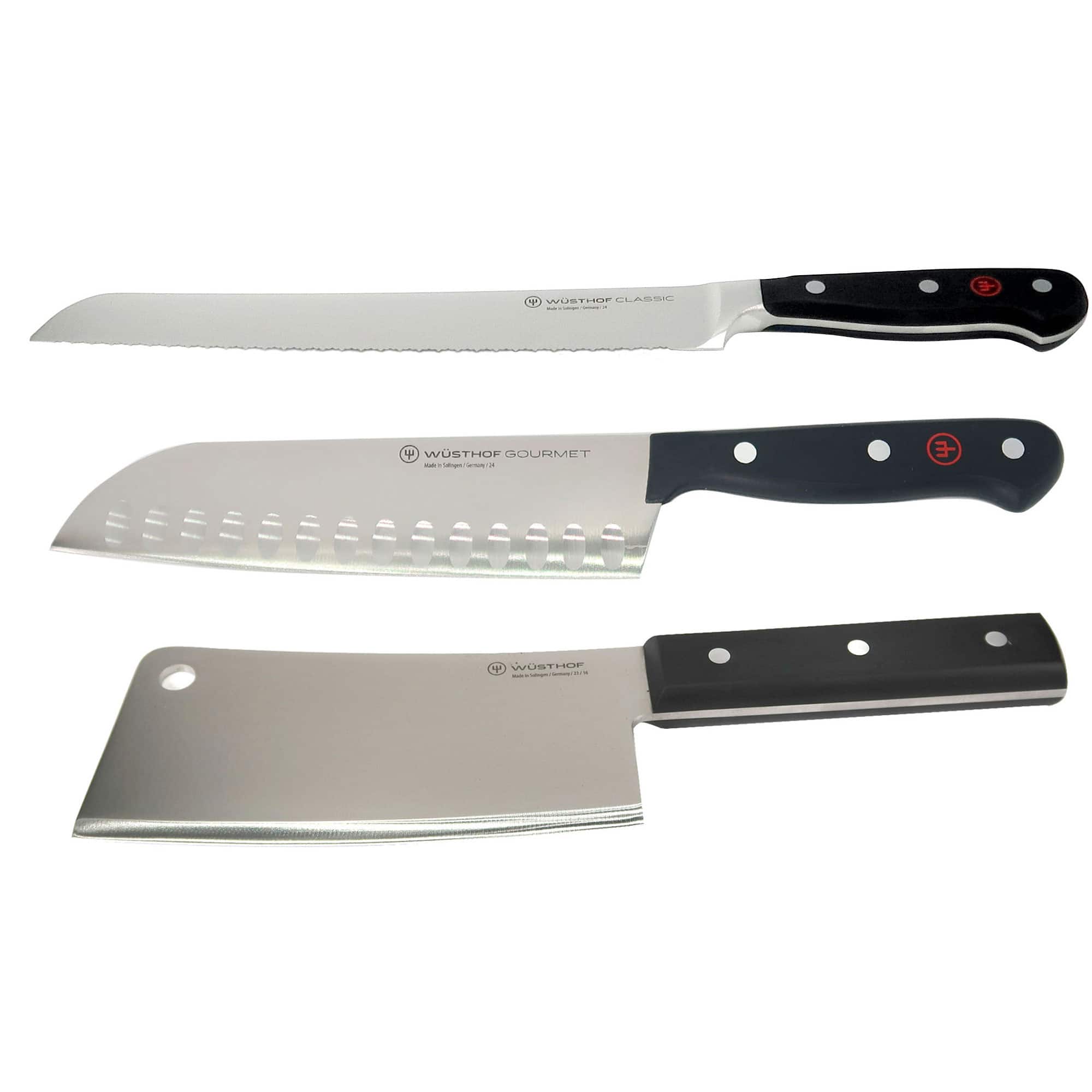 Wusthof - Classic 9" Bread Knife + 6" Cleaver Knive + Gourmet 7" Santoku Knife