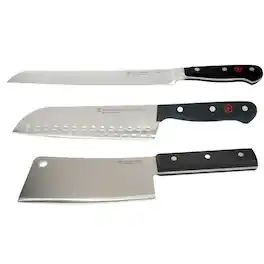 Wusthof - Classic 9" Bread Knife + 6" Cleaver Knive + Gourmet 7" Santoku Knife