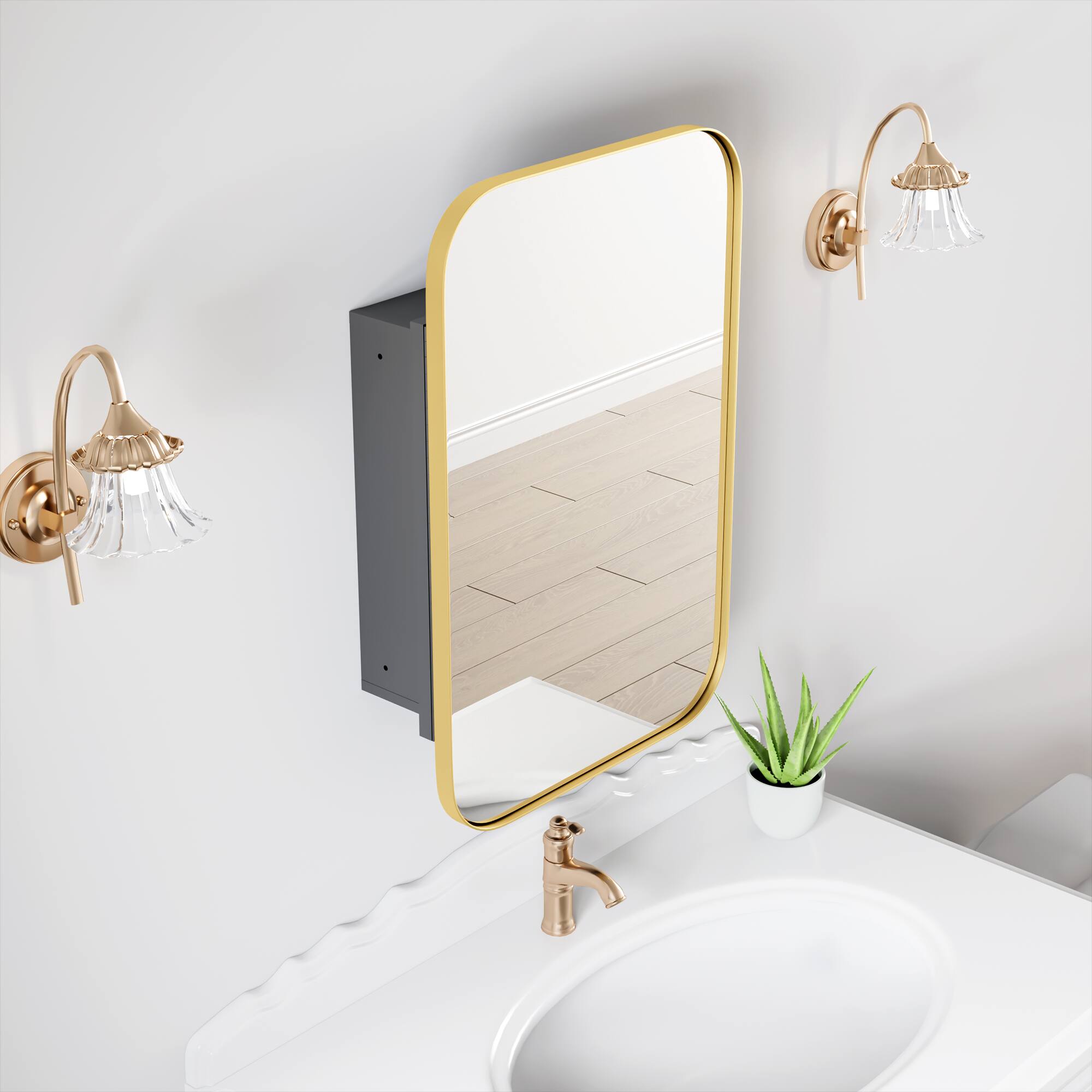 Alt View 2. PexFix - 16" x 24" Rectangular Rounded Corners Mirror Medicine Cabinet - Metal Frame, Recessed or Surface Mount for Bathroom - Gold.