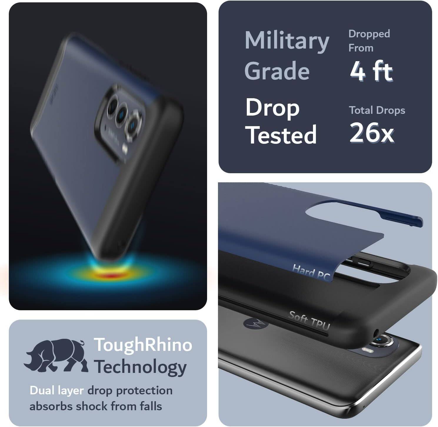 - Military Grade Drop Tested
  - Dropped From 4 ft
  - Total Drops Tested 26x

- ToughRhino Technology
  - Dual layer drop protection absorbs shock from falls
  - Hard PC
  - Soft TPU