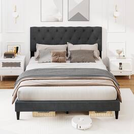 LUCKY ONE - Queen Assembled Upholstered Platform Bed with Tufted Headboard Wooden Slats Gray - Gray-Queen