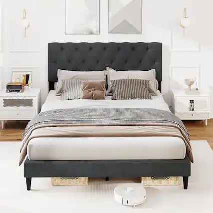 Front. LUCKY ONE - Queen Assembled Upholstered Platform Bed with Tufted Headboard Wooden Slats Gray - Gray-Queen.