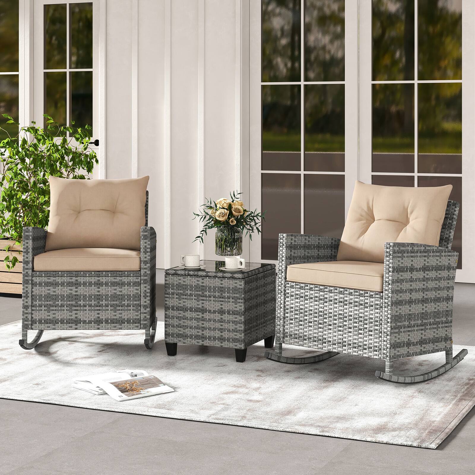 Alt View 4. Costway - Costway 3 PCS Patio Wicker Rocking Set with Tempered Glass Table & Soft Cushions Outdoor - Gray.