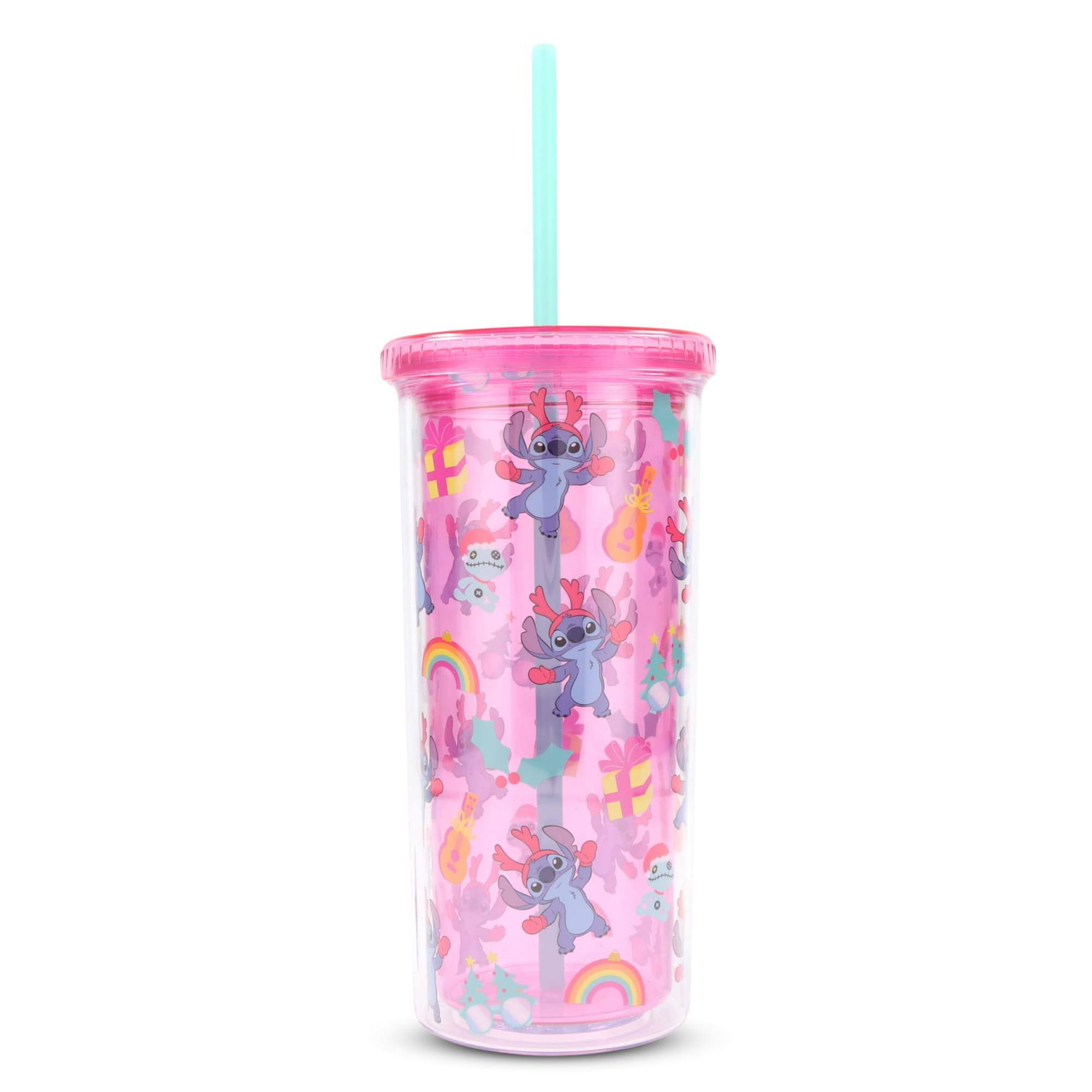 Front. Silver Buffalo - Disney Lilo & Stitch Christmas Stitch 20-Ounce Carnival Cup With Lid and Straw - Pink.