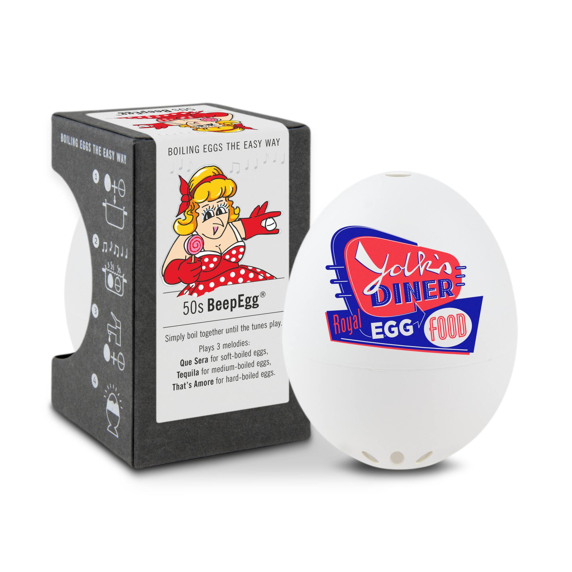 BOILING EGGS THE EASY WAY

50s BeepEgg

Simply boil together until the tunes play. Plays 3 melodies:
- Que Sera for soft-boiled eggs,
- Tequila for medium-boiled eggs,
- That's Amore for hard-boiled eggs.

DINER Royal EGG FOOD