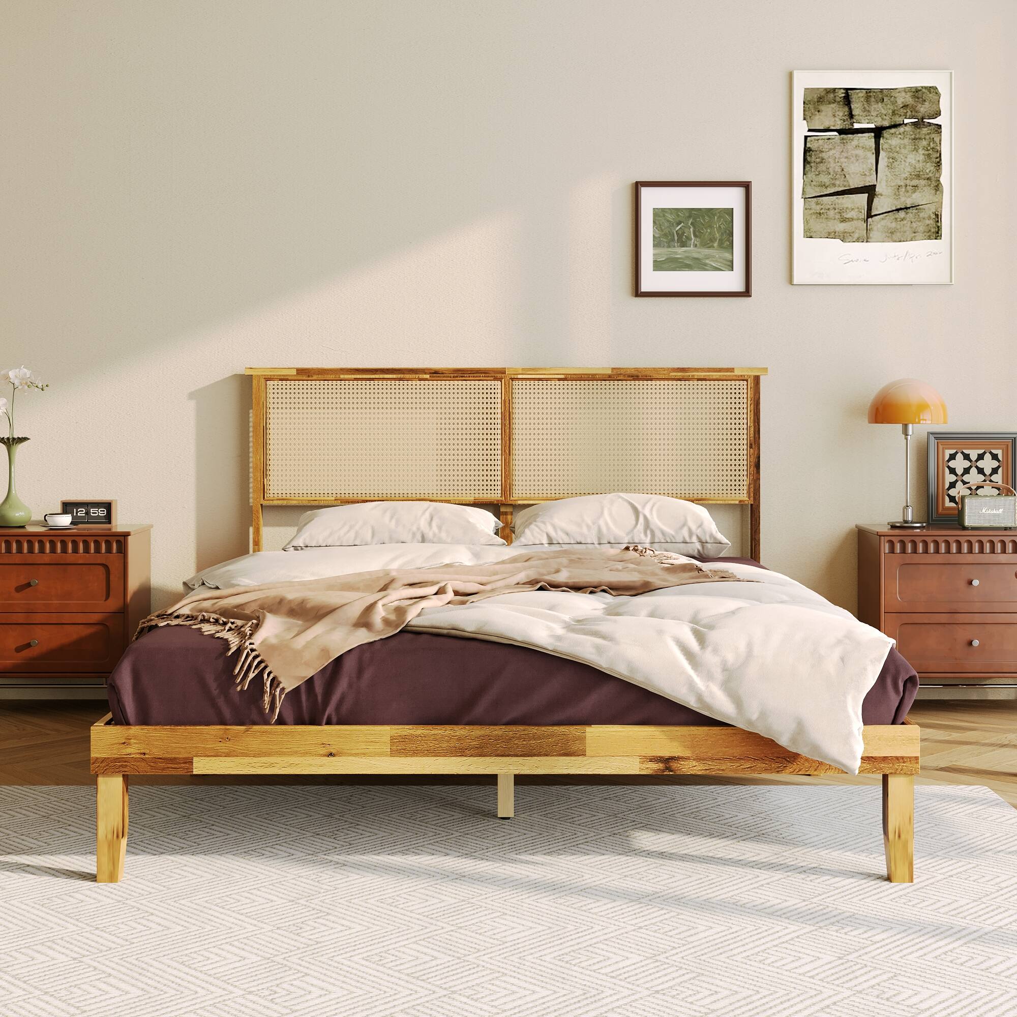 Alt View 2. Famapy - Famapy Solid Wood Platform Bed Frame - Rattan Headboard, Acacia Wood, Sturdy Slat Support - Wooden.