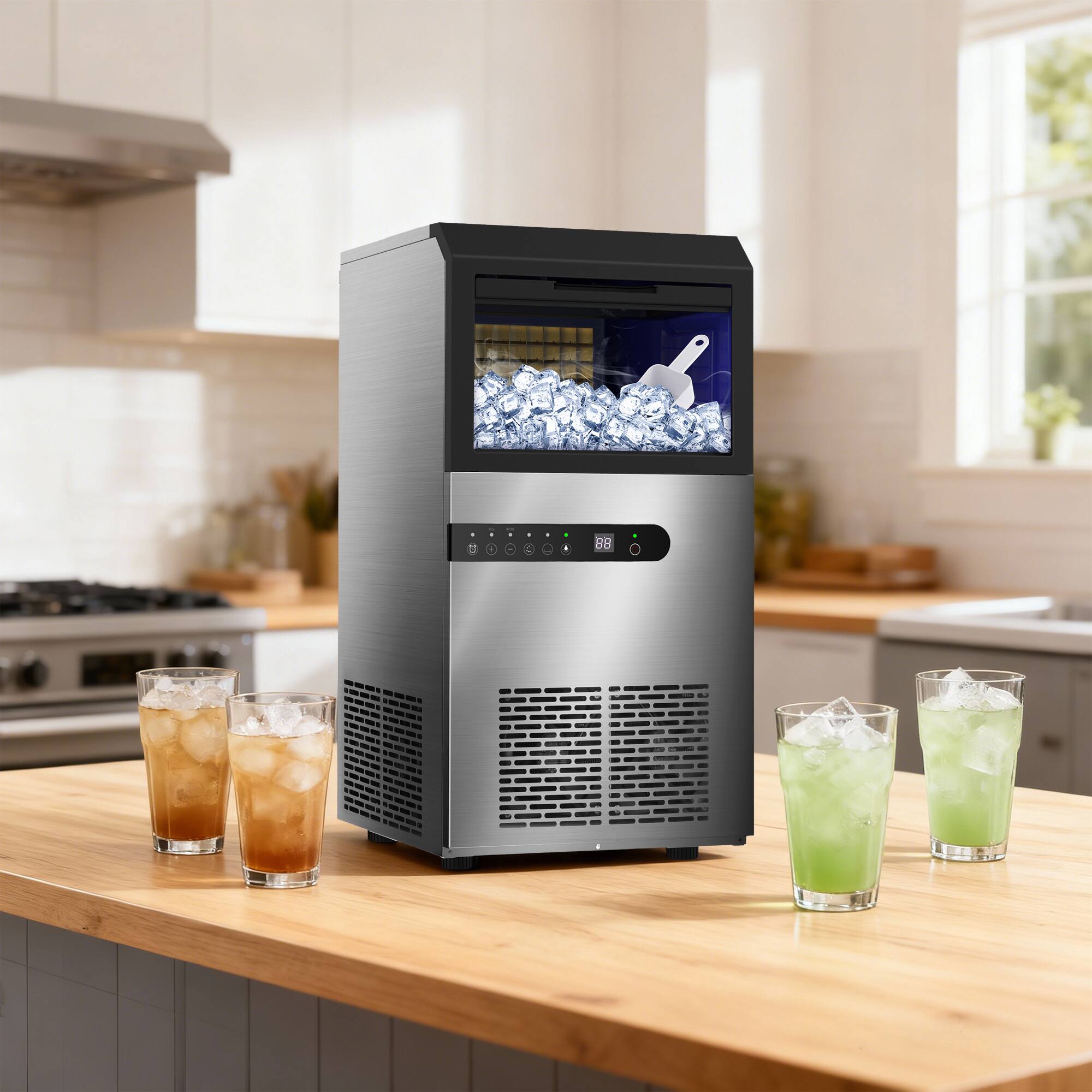 Angle. Vaczon - Commercial Ice Maker 120 lbs Day Freestanding Ice Machine with 28 lbs Storage Stainless Steel for Bar Restaurant Office - Stainless Steel.