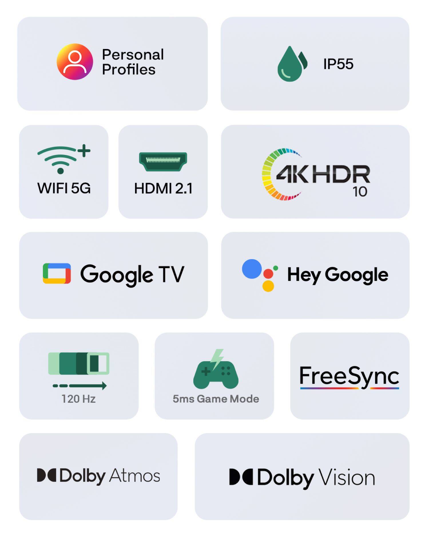 Personal Profiles  
IP55  
WIFI 5G  
HDMI 2.1  
4K HDR 10  
Google TV  
Hey Google  
120 Hz  
5ms Game Mode  
FreeSync  
Dolby Atmos  
Dolby Vision
