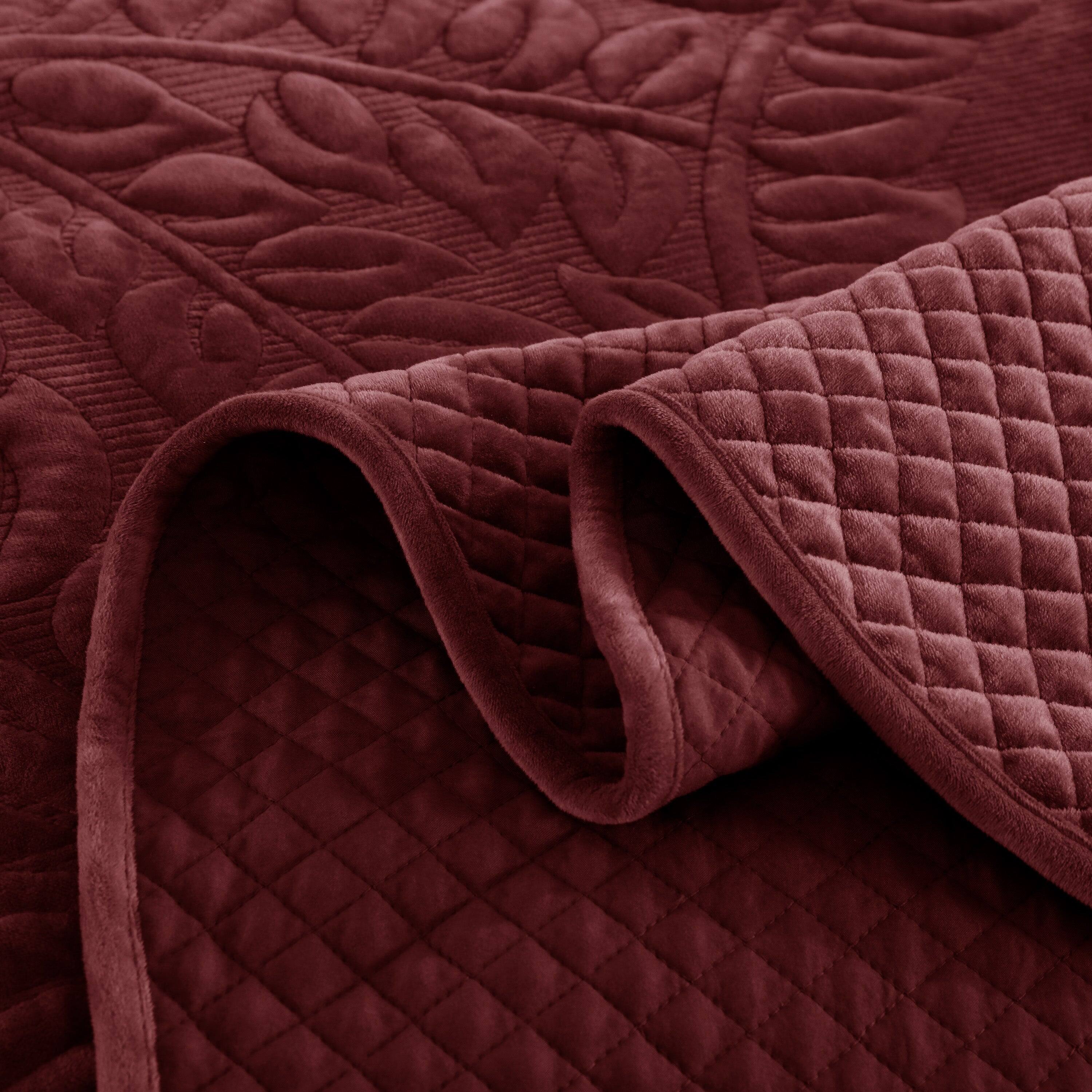Back. MarCielo - Marcielo 3Pc Luxury Velvet Oversized Embroidery Soft and Plush Quilt Set - Burgundy.