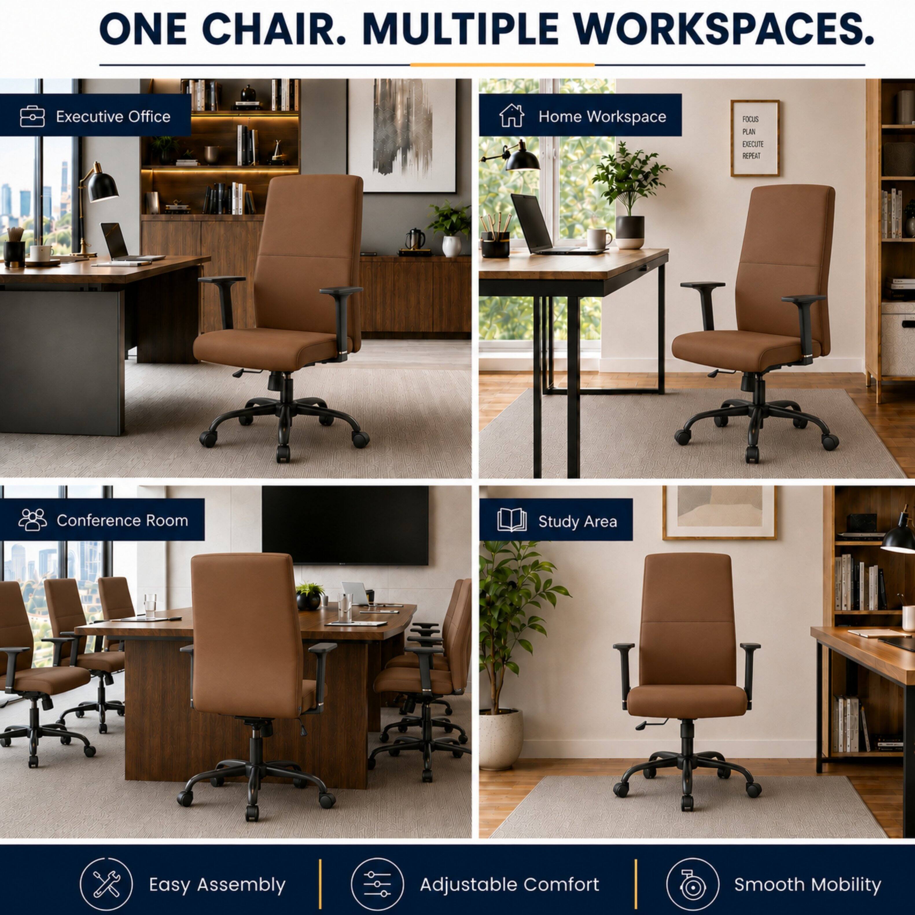 ONE CHAIR. MULTIPLE WORKSPACES.

Executive Office
Home Workspace
FOCUS PLAN EXECUTE REPEAT
Conference Room
Study Area
Easy Assembly
Adjustable Comfort
Smooth Mobility