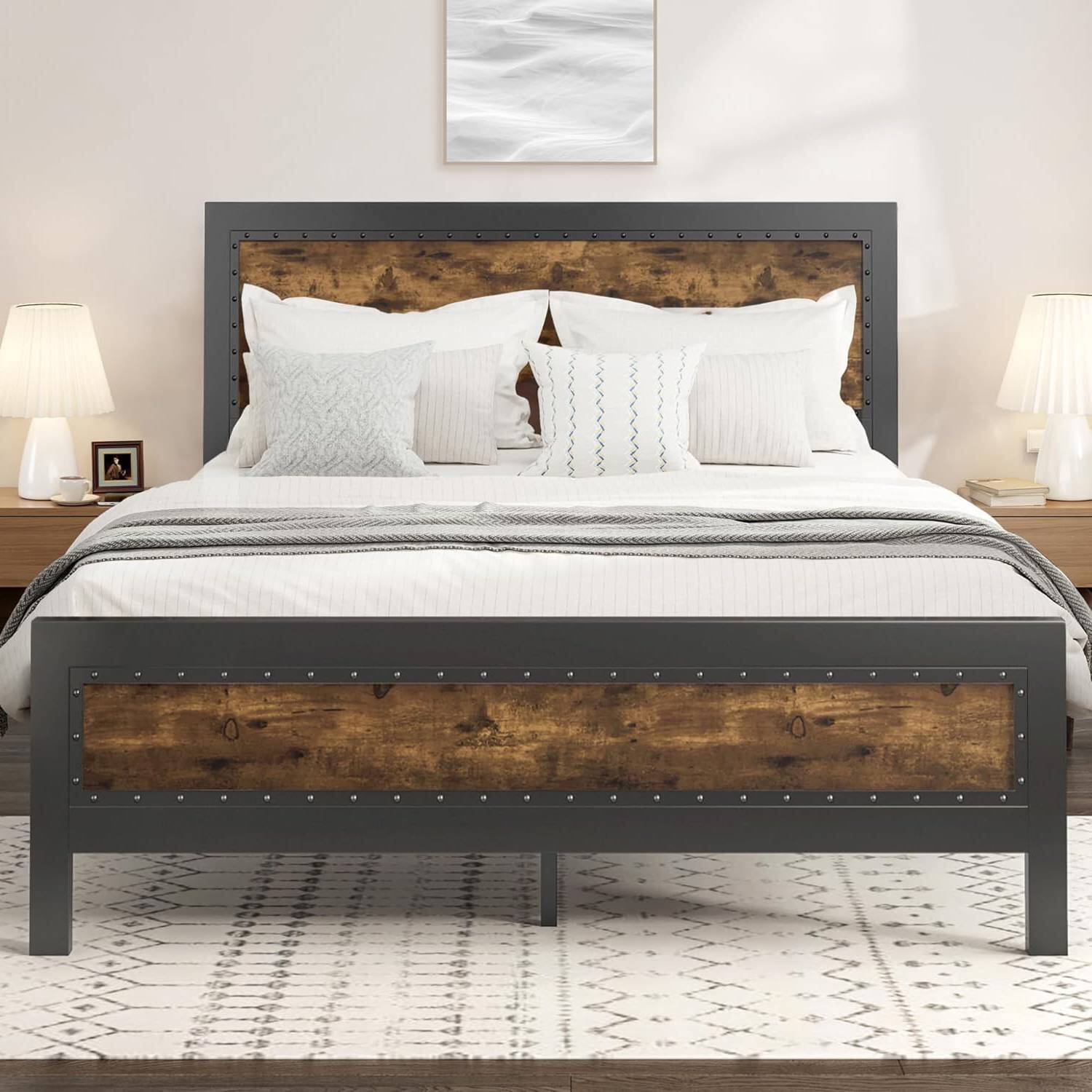 Angle. Hivvago - Hivvago Queen Industrial Rivet Platform Bed Frame with Headboard - Rustic Brown.