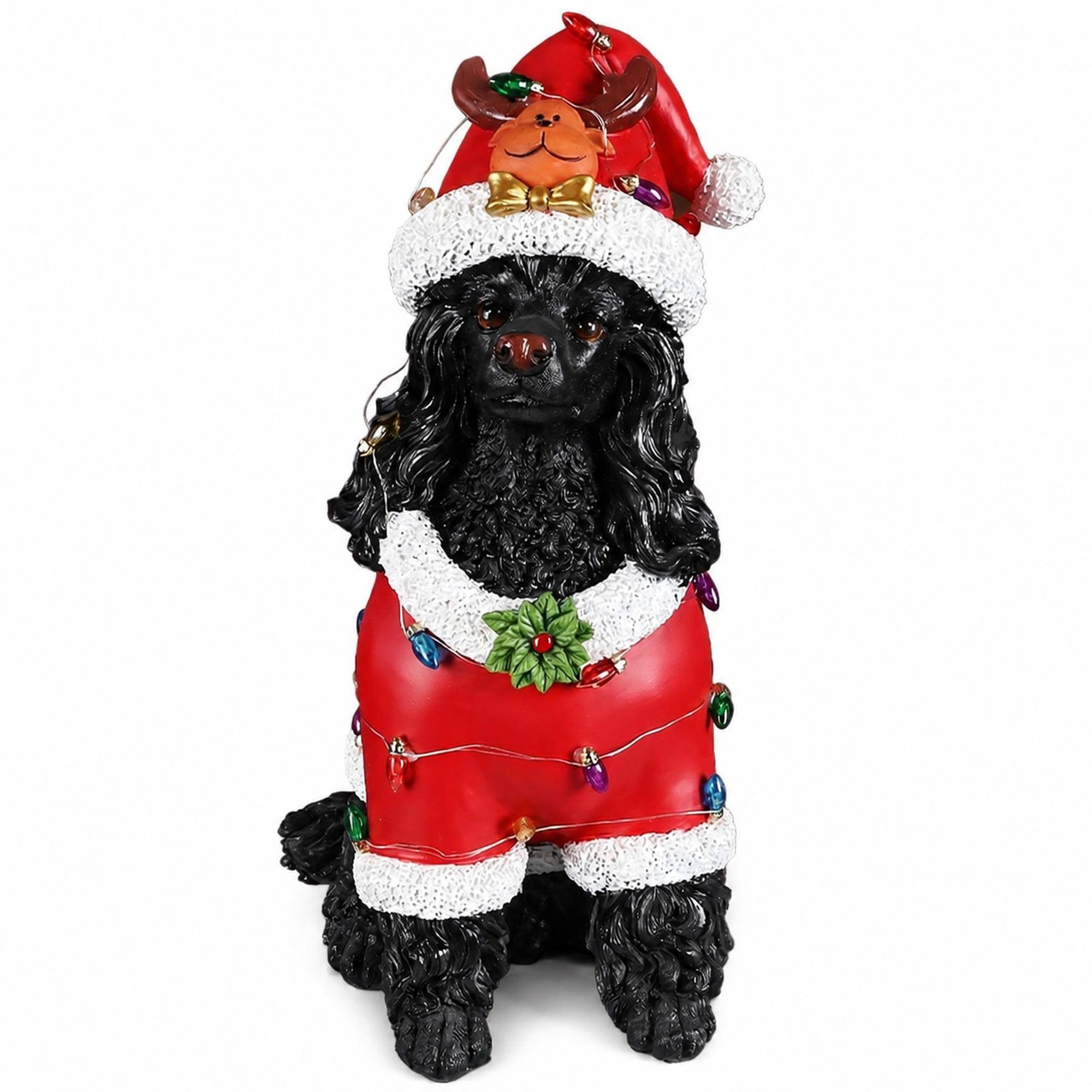 Front. RYHNUYNE - Holiday Black Poodle Statue with Red Santa Outfit and Reindeer Hat for Christmas Mantel Table Decor - Black.