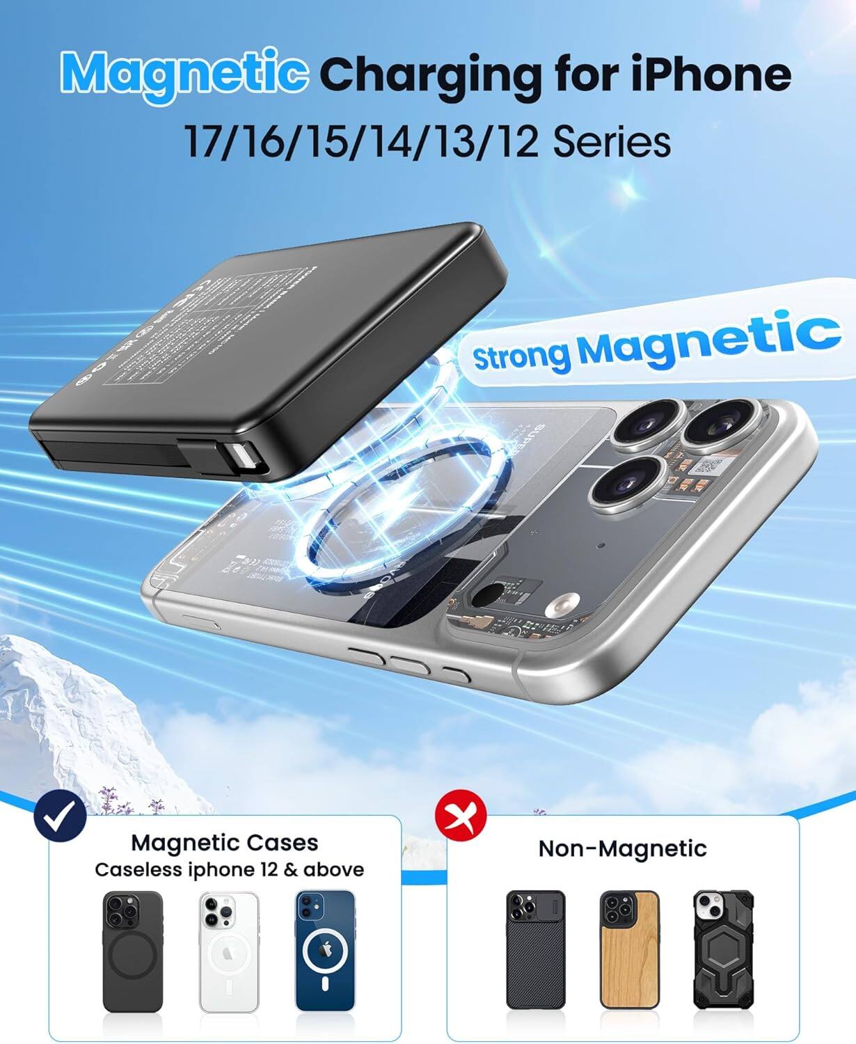 Magnetic Charging for iPhone 17/16/15/14/13/12 Series  
Strong Magnetic  

Magnetic Cases  
Caseless iPhone 12 & above  

Non-Magnetic
