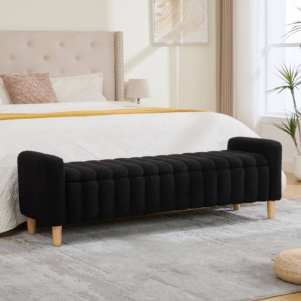 Angle. Ropilly - Ropilly Black Upholstered Storage Bench, Teddy Fabric End of Bed Bench with Armrests and Wood Legs for Entryway - Black.