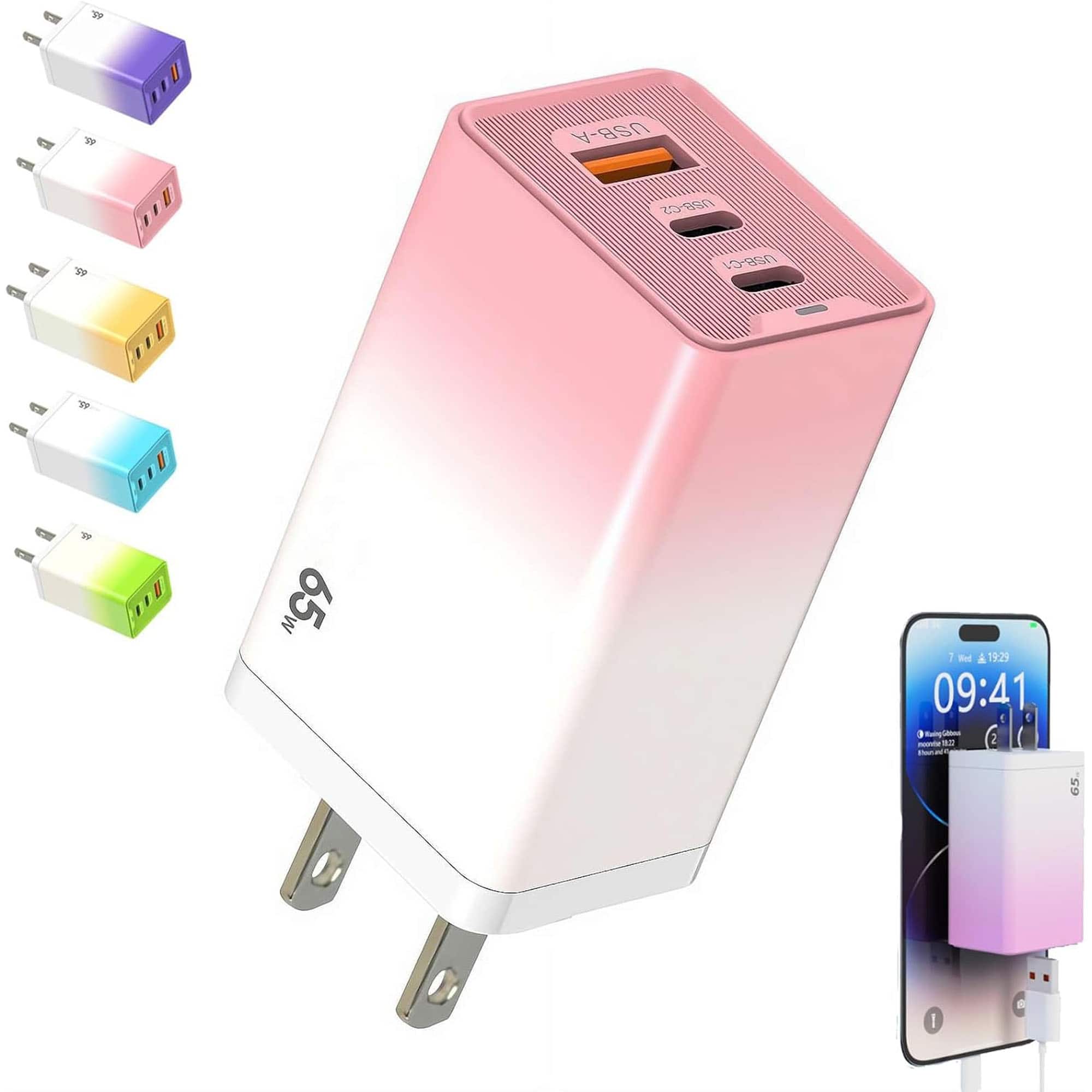 YONWAY - 65W 3 Port Gradient Charger, USB 2PD Type C Fast Charging Wall Charger, US Plug for iPhone and Android