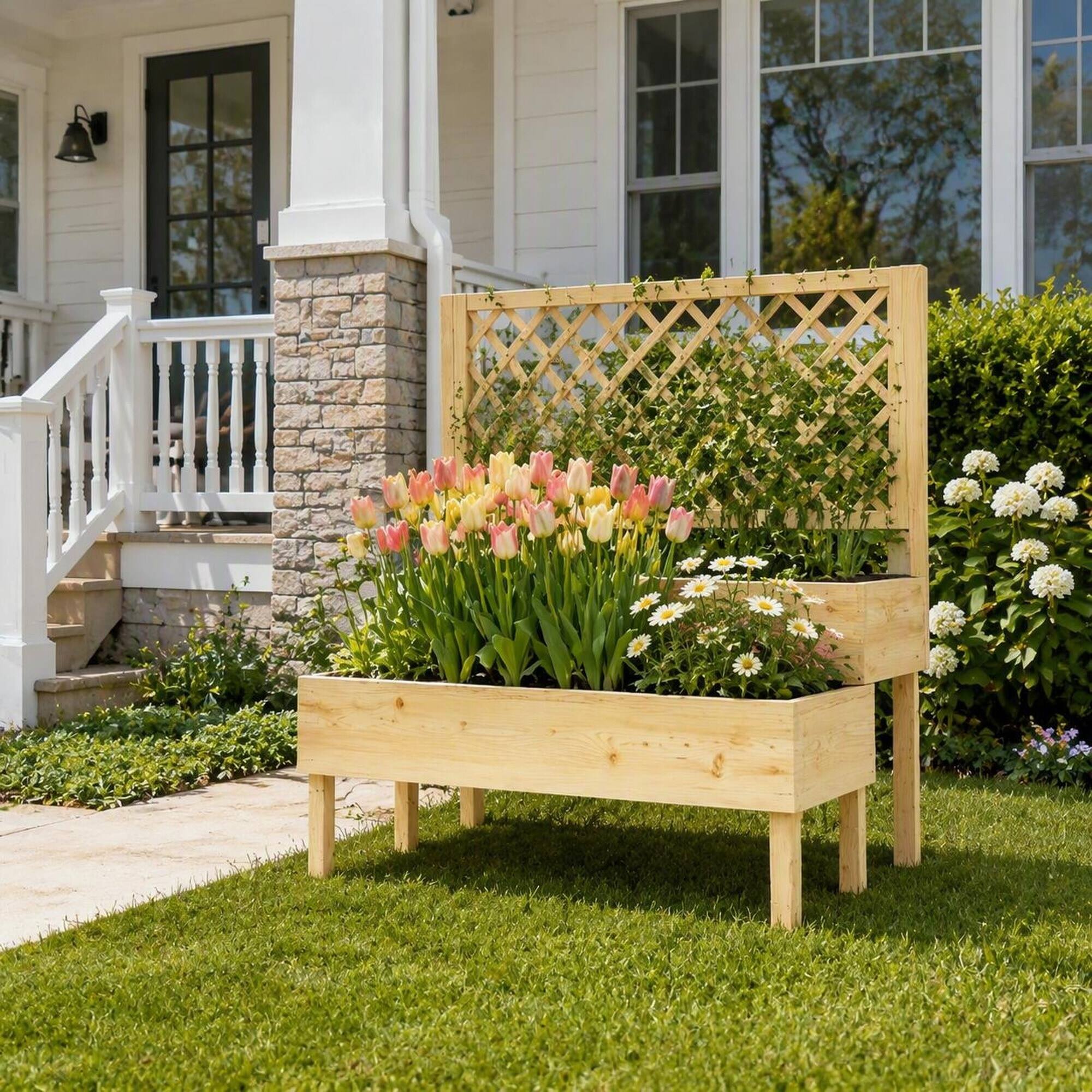 Alt View 1. RYHNUYNE - Fir Wood Elevated Planter Box with Trellis for Patio, 42.5x24.4x47.2 Inch Outdoor Raised Garden Bed for Climbing - Natural Wood.