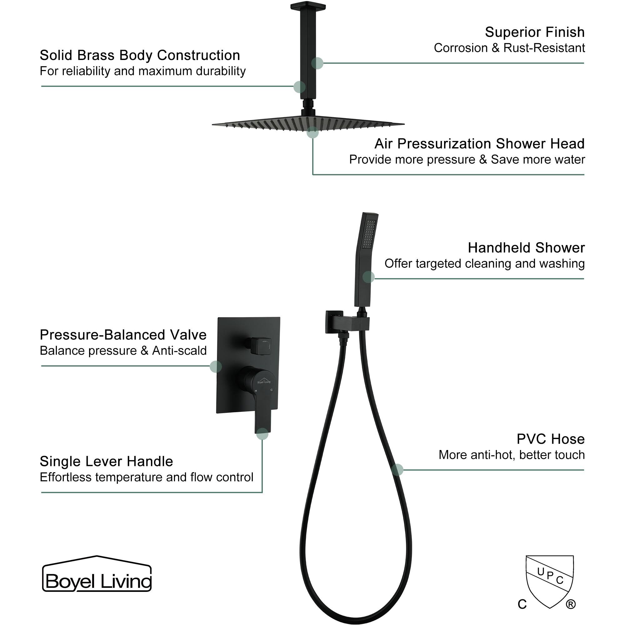 Solid Brass Body Construction, Superior Finish, Air Pressurization Shower Head, Handheld Shower, Pressure-Balanced Valve, Single Lever Handle, PVC Hose, Boyel Living, UPC C R