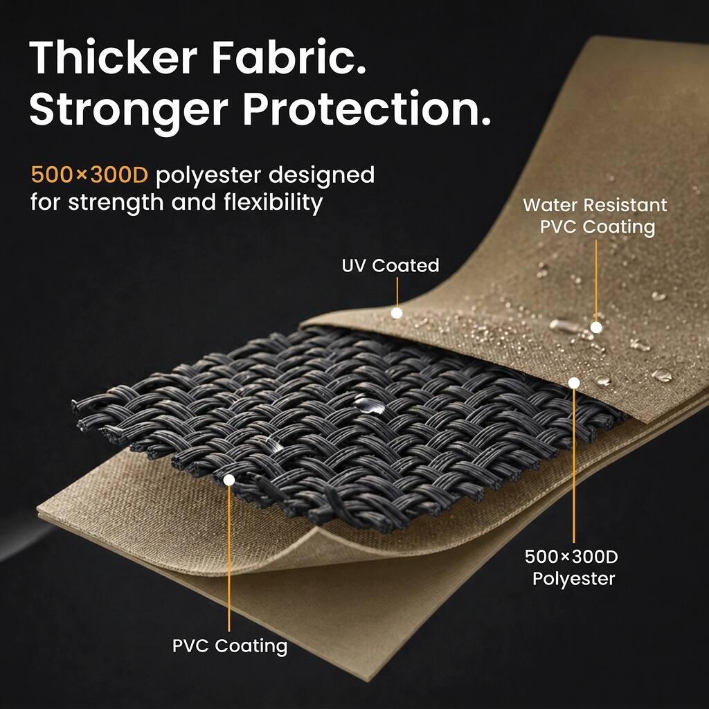 Thicker Fabric. Stronger Protection.  
500x300D polyester designed for strength and flexibility  
Water Resistant PVC Coating  
UV Coated  
500x300D Polyester  
PVC Coating