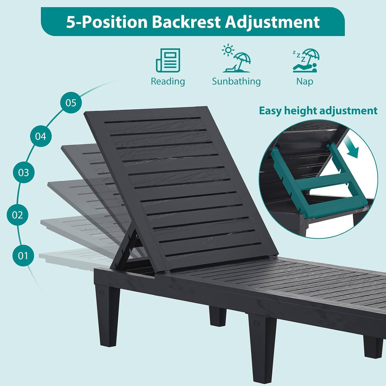 5-Position Backrest Adjustment

Reading Sunbathing Nap

Easy height adjustment