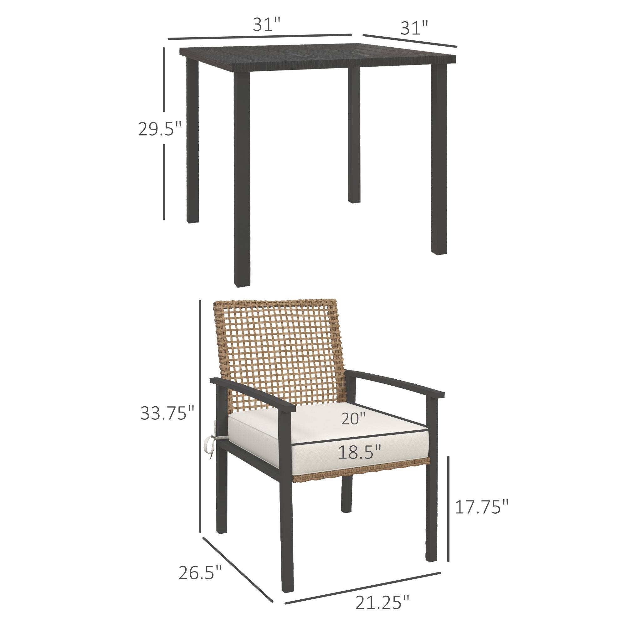 - Table: 31" x 31" x 29.5"
- Chair: 33.75" x 20" x 18.5" x 17.75" x 26.5" x 21.25"