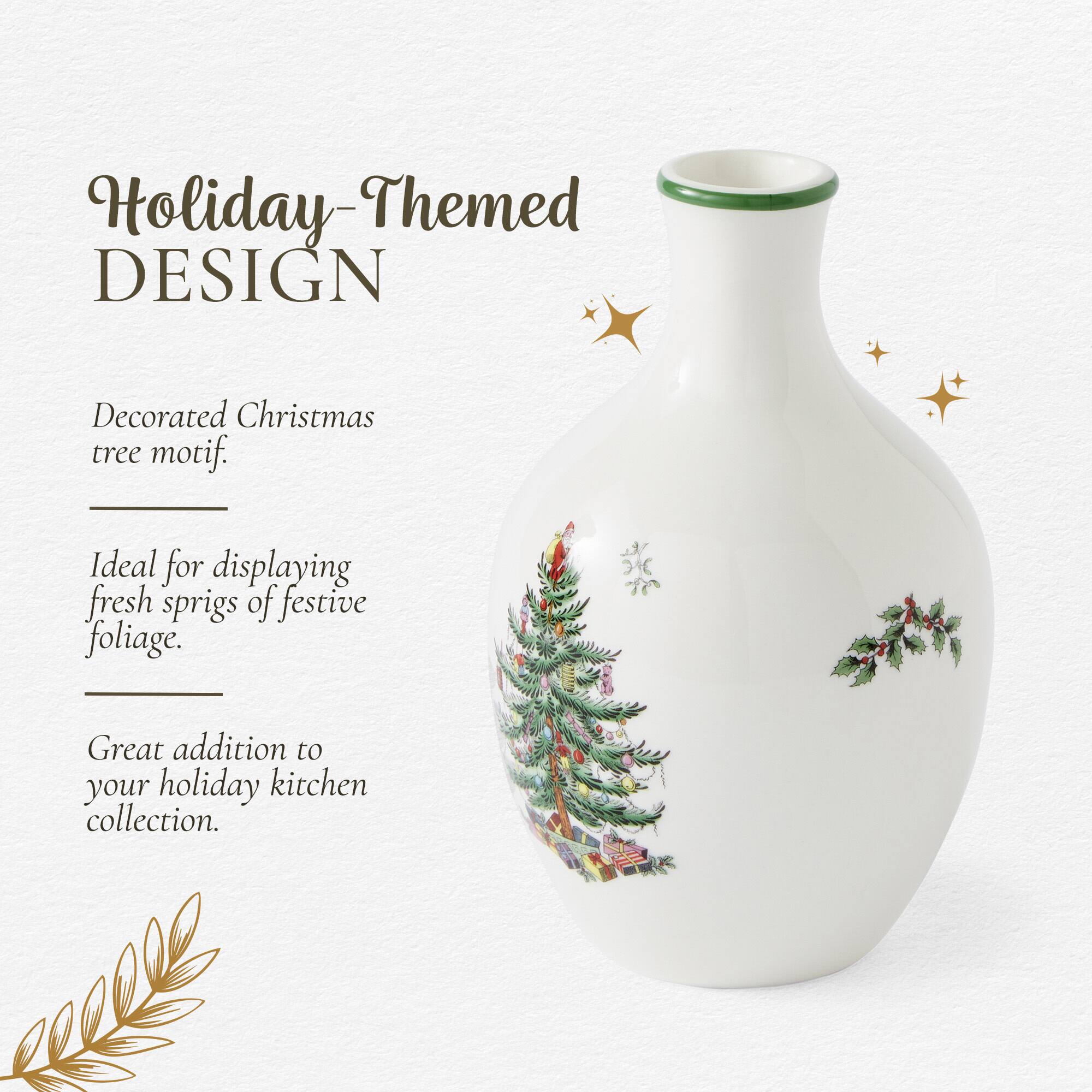 Holiday-Themed DESIGN  
Decorated Christmas tree motif.  
Ideal for displaying fresh sprigs of festive foliage.  
Great addition to your holiday kitchen collection.