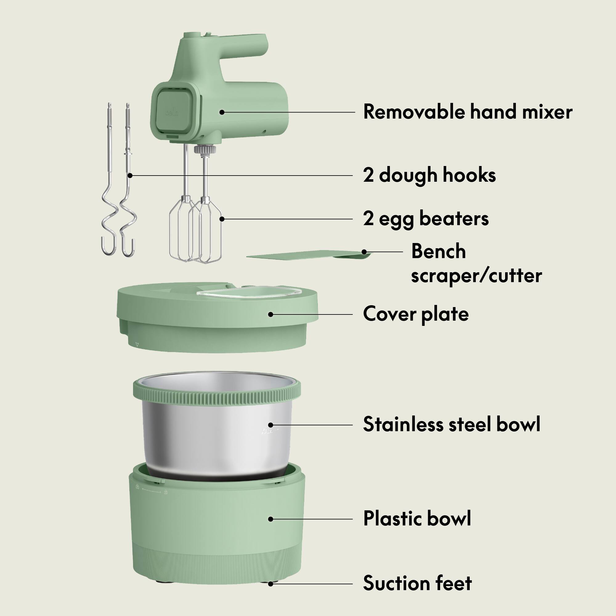 - Removable hand mixer
- 2 dough hooks
- 2 egg beaters
- Bench scraper/cutter
- Cover plate
- Stainless steel bowl
- Plastic bowl
- Suction feet
