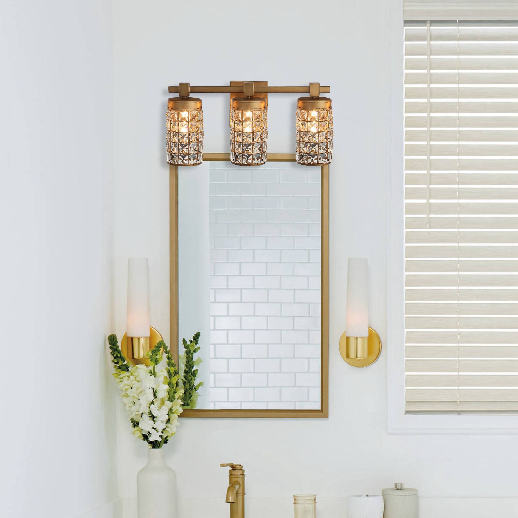 Angle. Parrot Uncle - Modern Brass 3-Light Crystal Vanity Light - Brass.