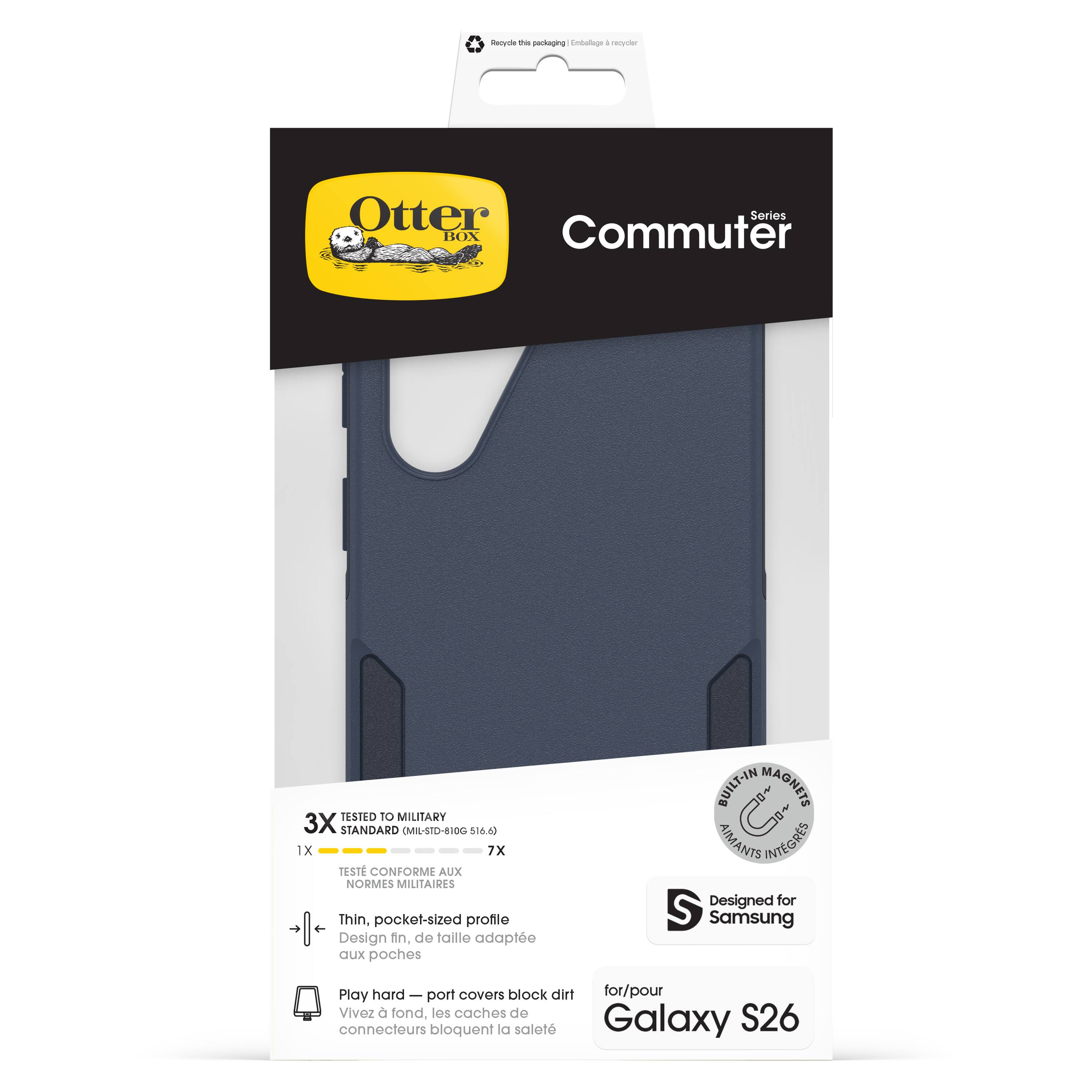 - Otter Box Commuter Series
- Tested to Military Standard (MIL-STD-810G 516.6)
- 3X Standard
- 7X Tested Conform to Military Standards
- Thin, pocket-sized profile
- Design fin, de taille adaptée aux poches
- Built-in Magnets
- Aimants intégrés
- Designed for Samsung Galaxy S26
- Play hard – port covers block dirt for/pour Vivez à fond. les caches de port bloquent la saleté