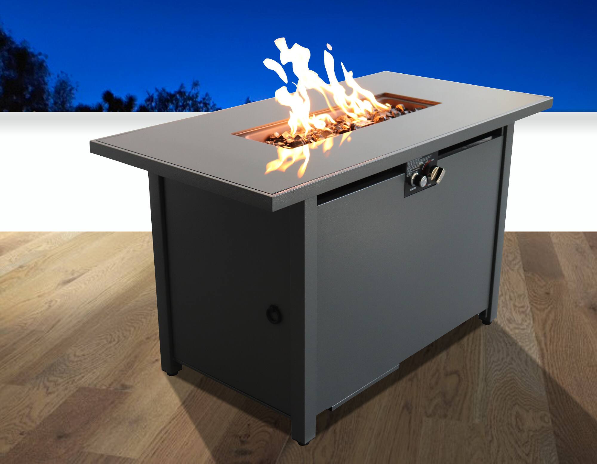 Angle. Siljoy - 43 Inch Smoked Glass Metal Rectangle Fire Pit Outdoor Backyard Patio Heater.