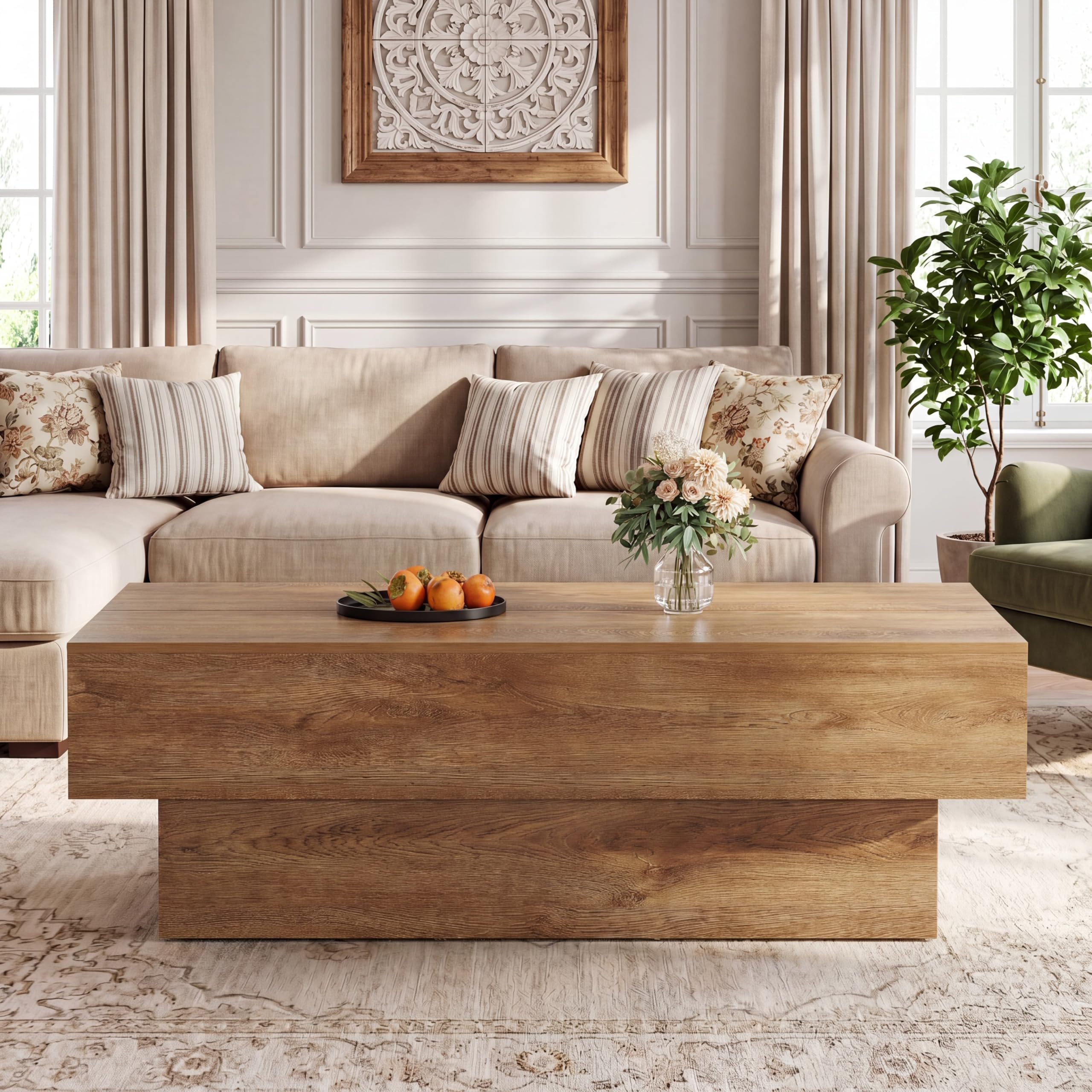 Alt View 1. Tribesigns - 55" Large Rectangle Coffee Table for Living Room - Rustic Brown.