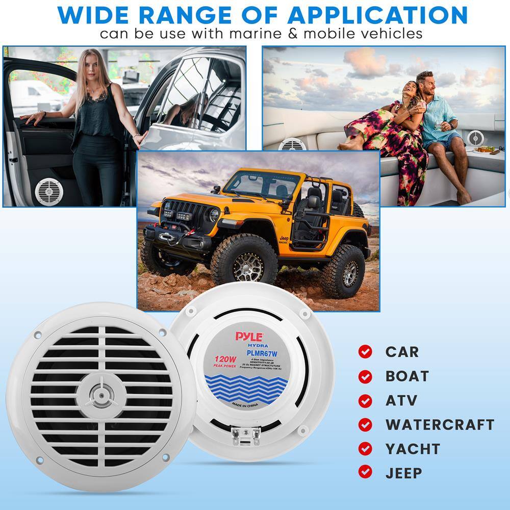 WIDE RANGE OF APPLICATION  
can be use with marine & mobile vehicles  

PYLE HYDRA PLMR67W 120W PLAR POWER  

CAR  
BOAT  
ATV  
WATERCRAFT  
YACHT  
JEEP