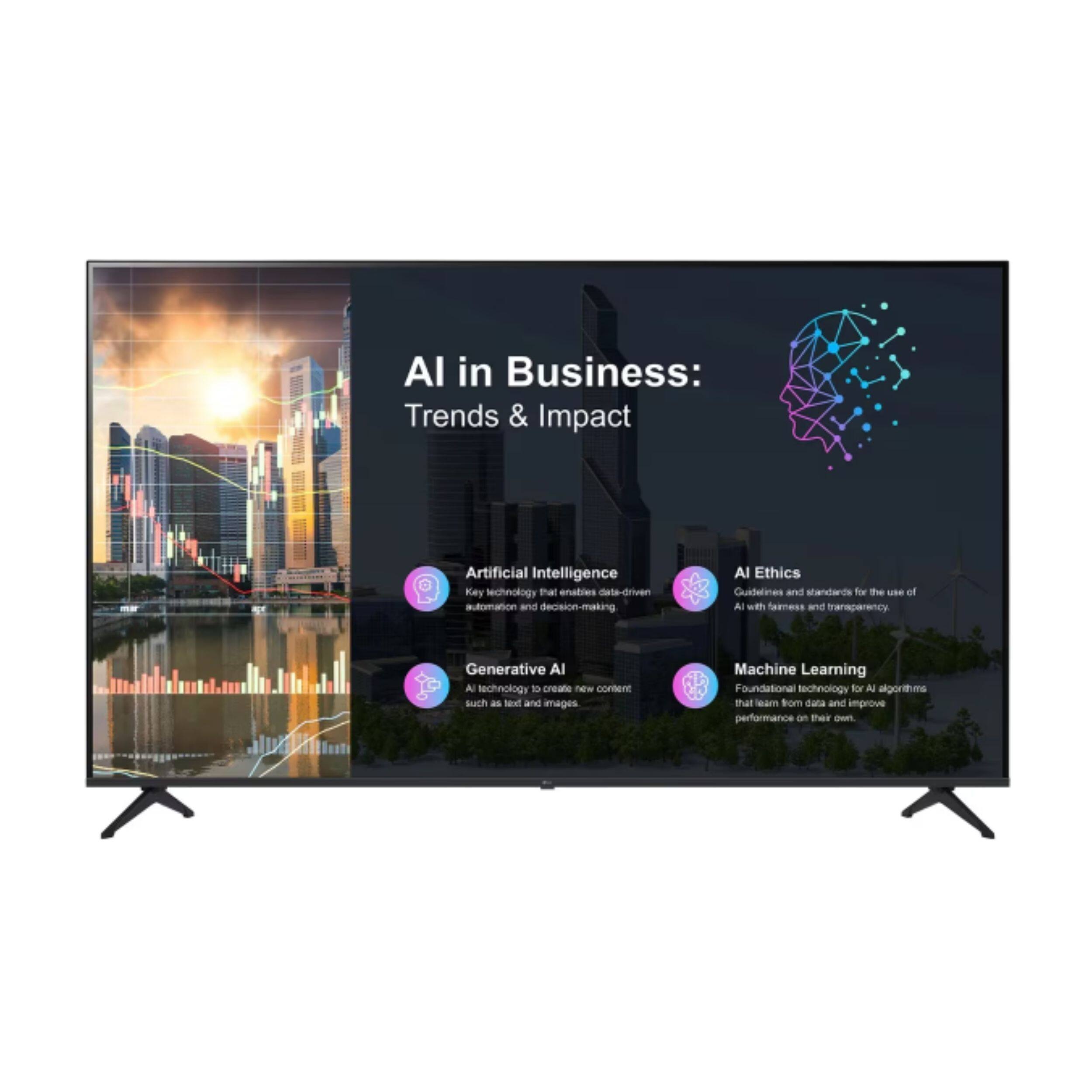 AI in Business: Trends & Impact

Artificial Intelligence  
Key technology that enables data-driven automation and decision-making

AI Ethics  
Guidelines and standards for the use of AI with fairness and transparency

Generative AI  
AI technology to create new content such as text and images

Machine Learning  
Foundational technology for AI algorithms that learn from data and improve performance on their own