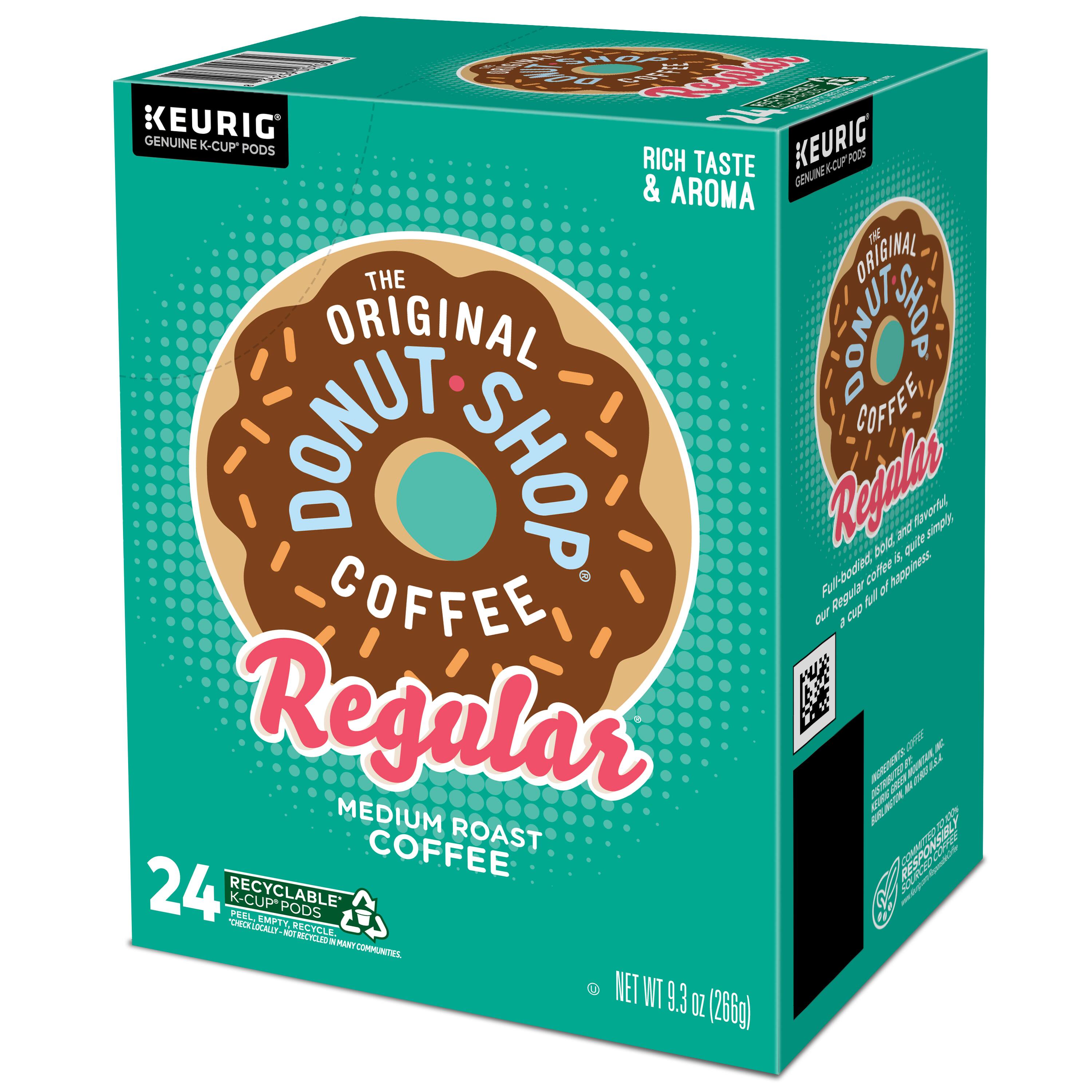 The Original Donut Shop Regular Medium Roast Coffee is a rich taste and genuine aroma coffee. It is made of 100% Arabica coffee beans and is available in a 24-count box. The coffee is recyclable, and the box is made of recyclable materials. The coffee is a full-bodied medium roast that is a favorite among coffee lovers.