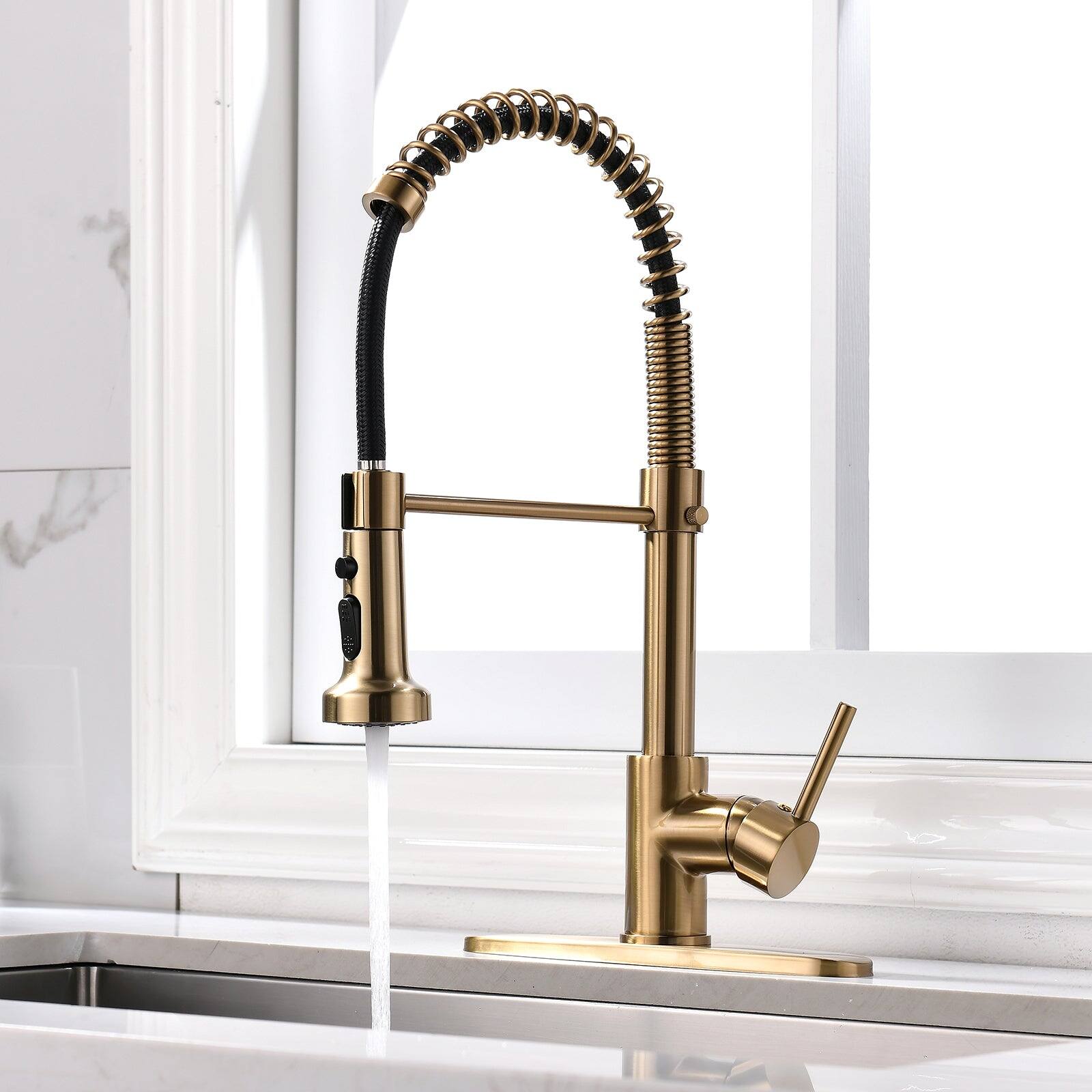Alt View 7. Boyel Living - Contemporary Single Handle Gooseneck Pull Down Sprayer Kitchen Faucet Brushed Gold - Brushed Gold.