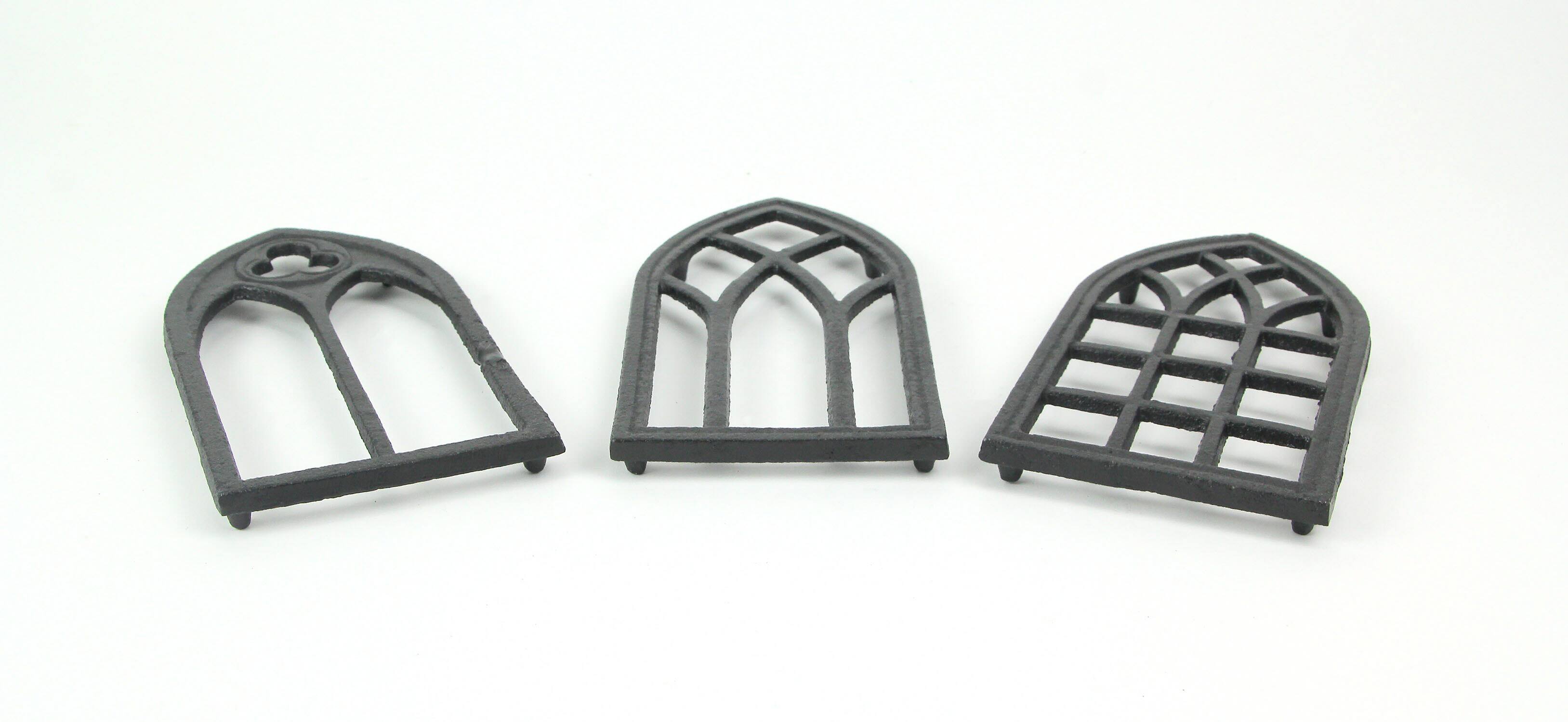 Alt View 2. Zeckos - Set of 3 Black Cast Iron Gothic Cathedral Window Design Kitchen Trivets - Brown.