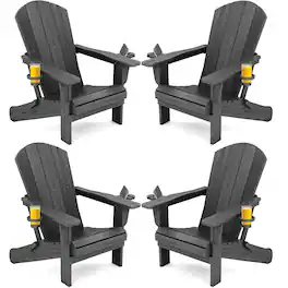 SERWALL - Adirondack Chairs Set of 4 with Cup Holders,Composite Adirondack Chairs,HDPE Outdoor Chairs - Gray