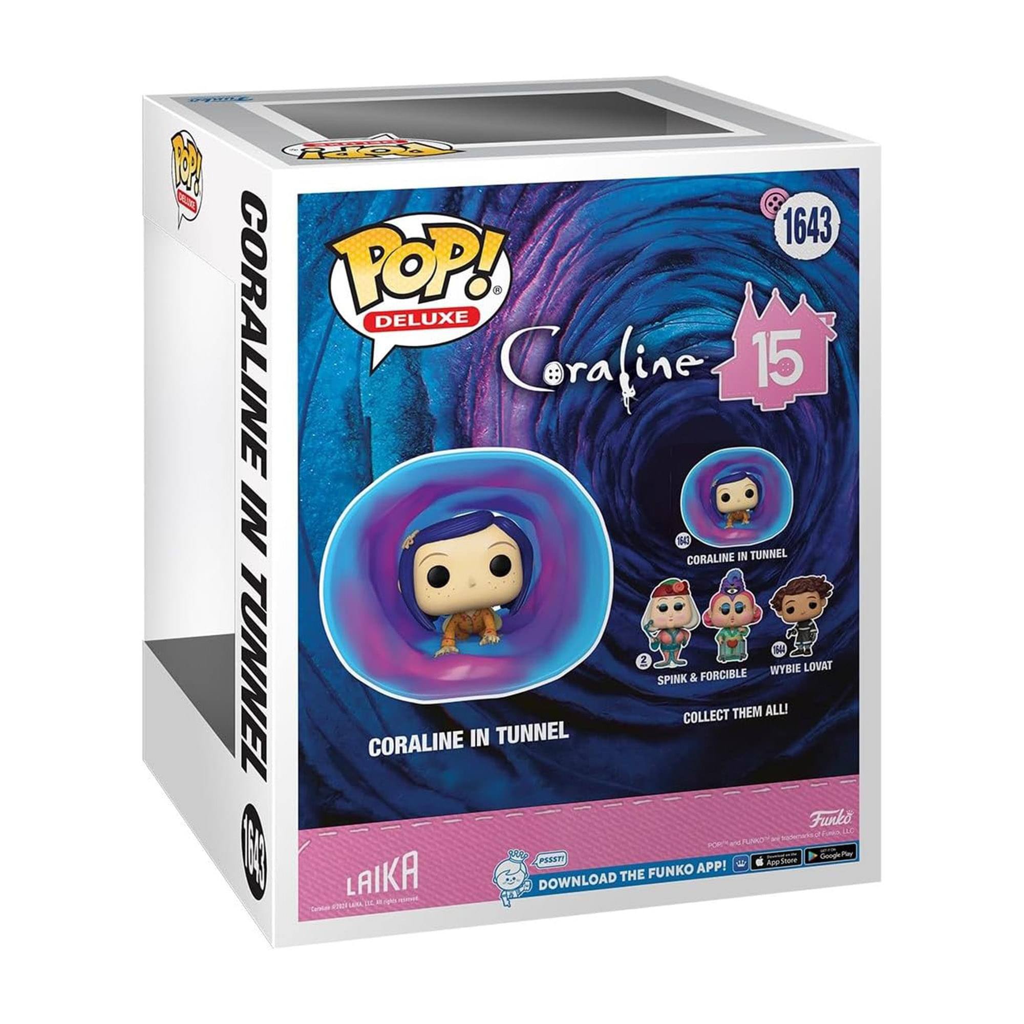 Sure, here is the corrected and grouped text from the image:

---

**Front:**
- POP! DELUXE
- CORALINE IN TUNNEL
- 15
- 1643
- CORALINE IN TUNNEL
- SPINK & FORCIBLE
- WYBIE LOVAT
- COLLECT THEM ALL!
- LAIKA
- DOWNLOAD THE FUNKO APP!
- (Icons for App Store and Google Play)

**Side:**
- CORALINE IN TUNNEL
- 1643

**Top:**
- POP! DELUXE

**Bottom:**
- LAIKA
- Copyright © 2019 LAIKA, Inc. All Rights Reserved.

---