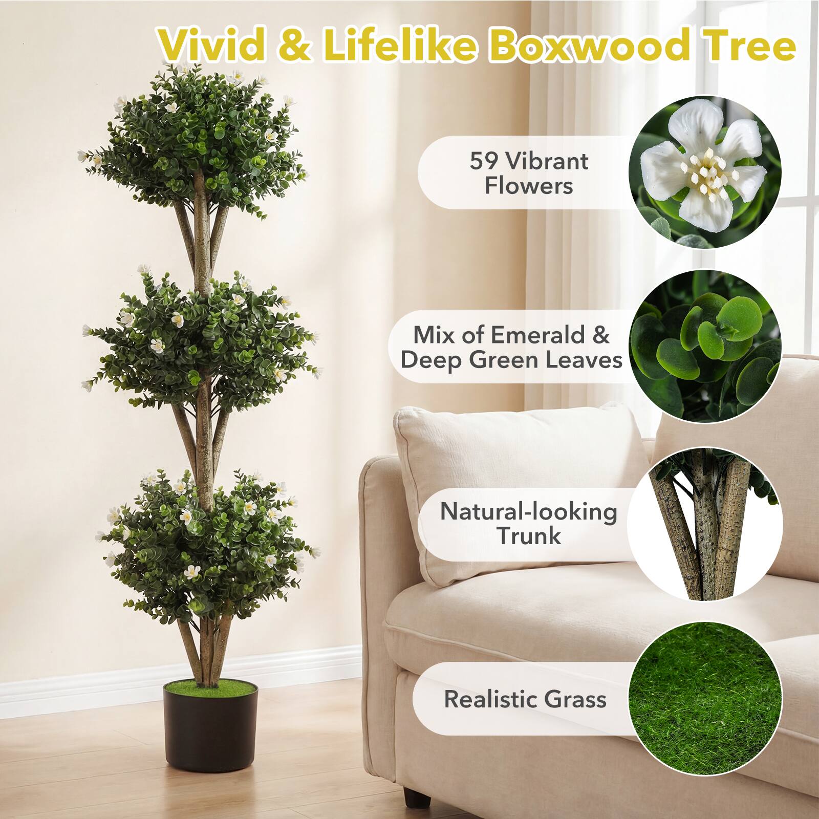 Vivid & Lifelike Boxwood Tree

- 59 Vibrant Flowers
- Mix of Emerald & Deep Green Leaves
- Natural-looking Trunk
- Realistic Grass