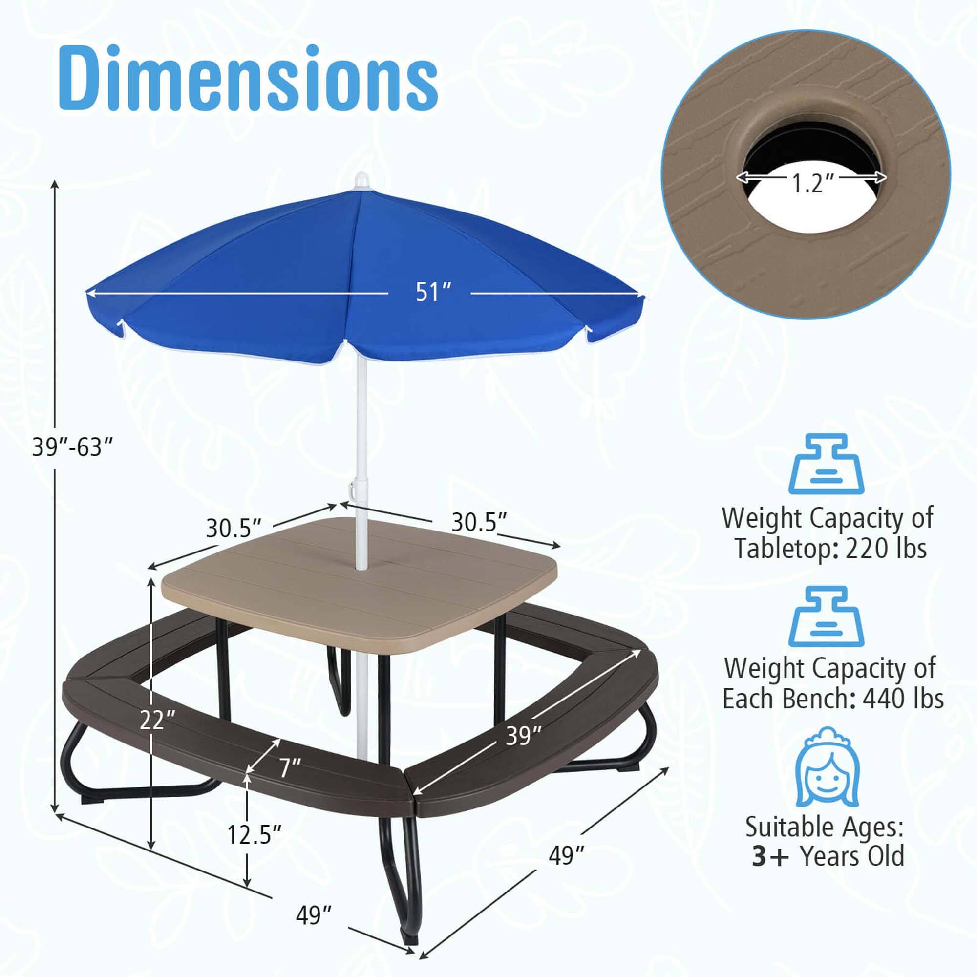 Dimensions:  
- Umbrella Diameter: 51"  
- Umbrella Height: 39"-63"  
- Tabletop Dimensions: 30.5" x 30.5"  
- Tabletop Weight Capacity: 220 lbs  
- Bench Dimensions: 22" x 7" x 39"  
- Bench Weight Capacity: 440 lbs  
- Overall Height: 49"  
- Hole Diameter: 1.2"  
- Suitable Ages: 3+ Years Old