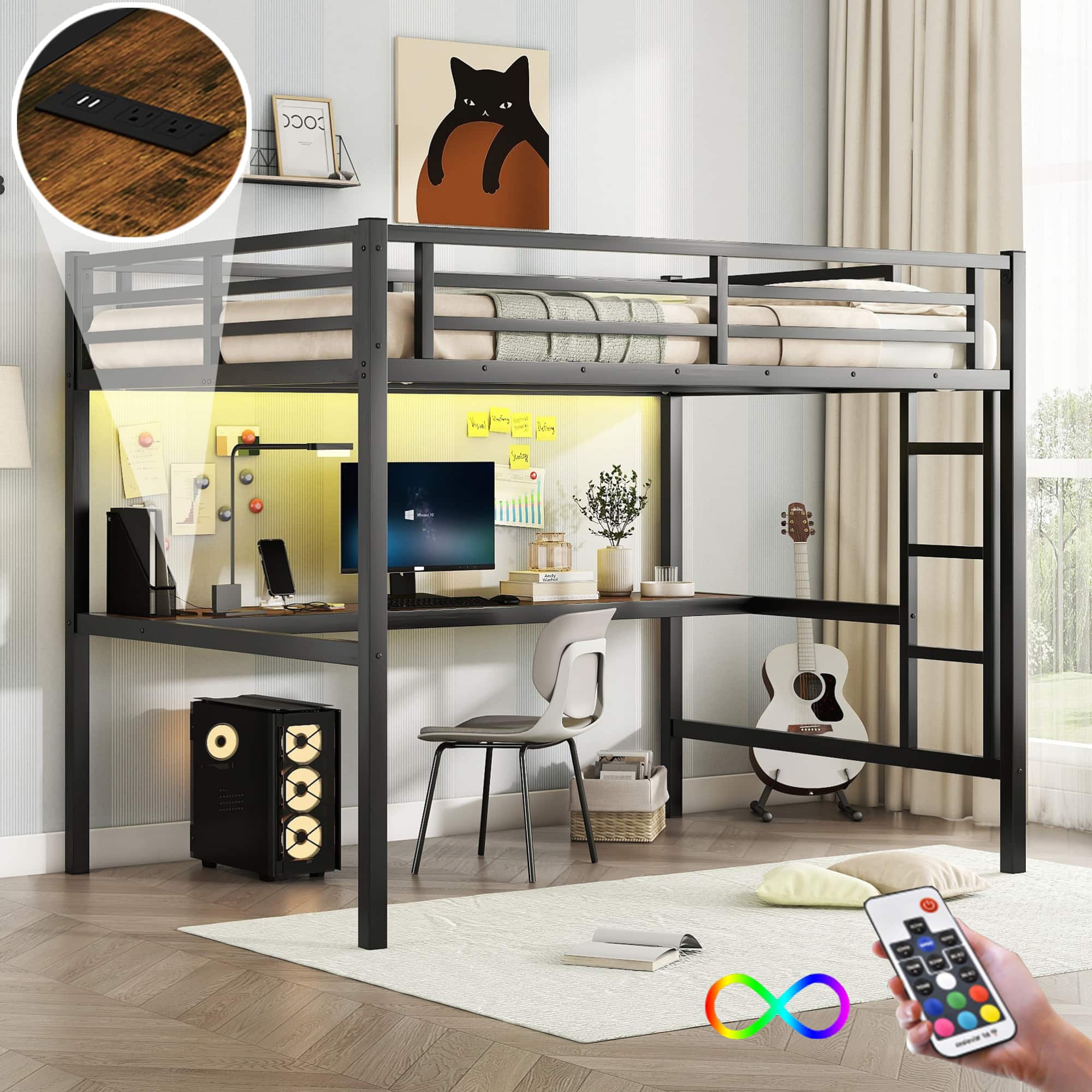 GOODSILO - Space-Saving Full Size Loft Bed with Integrated Desk, Power Outlet, and LED Lighting - Black