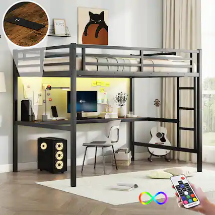Front. GOODSILO - Space-Saving Full Size Loft Bed with Integrated Desk, Power Outlet, and LED Lighting - Black.
