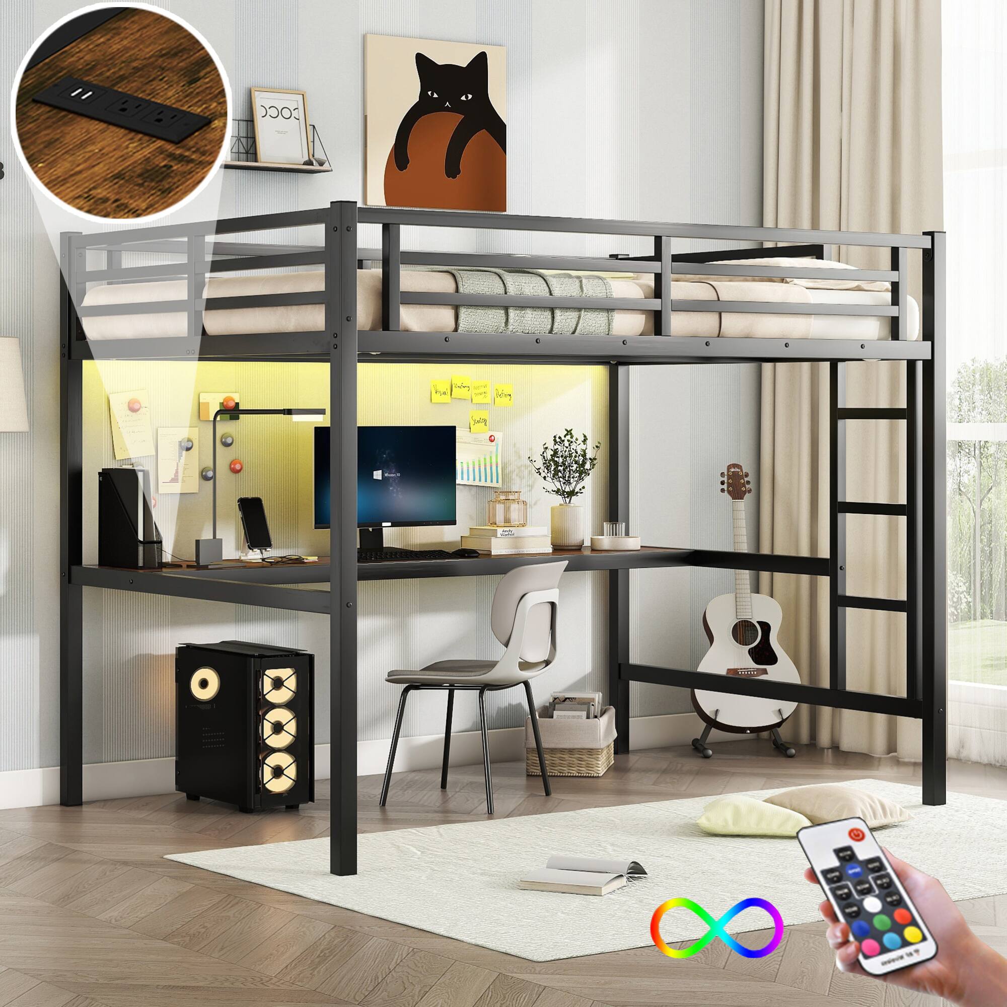 Front. GOODSILO - Space-Saving Full Size Loft Bed with Integrated Desk, Power Outlet, and LED Lighting - Black.